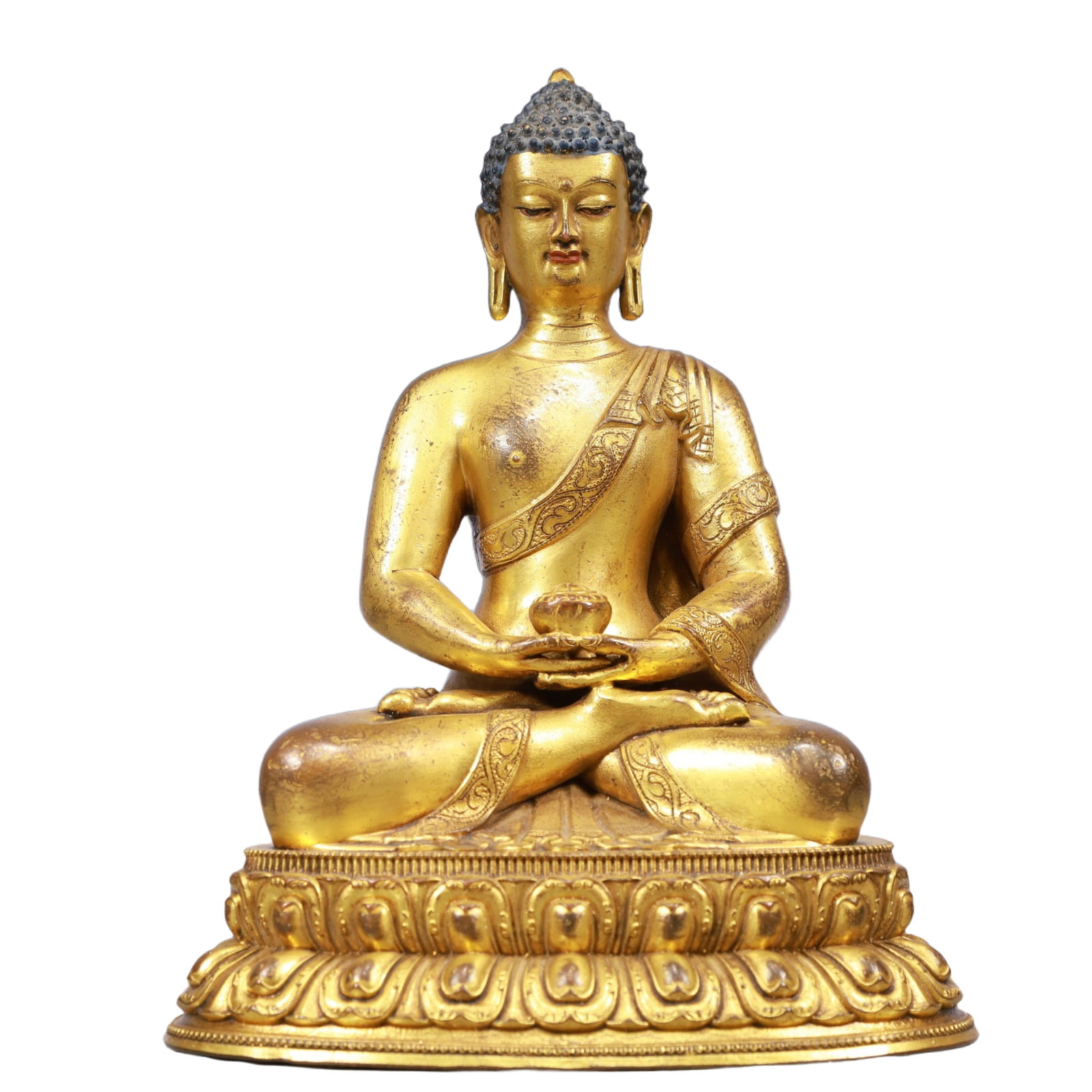 A Solemn Gilt Bronze Statue of Sakyamuni: A Solemn Gilt Bronze Statue of Sakyamuni, Qing Dynasty, China, Size:7.1inx4.7inx9.8in, Weight:1800g