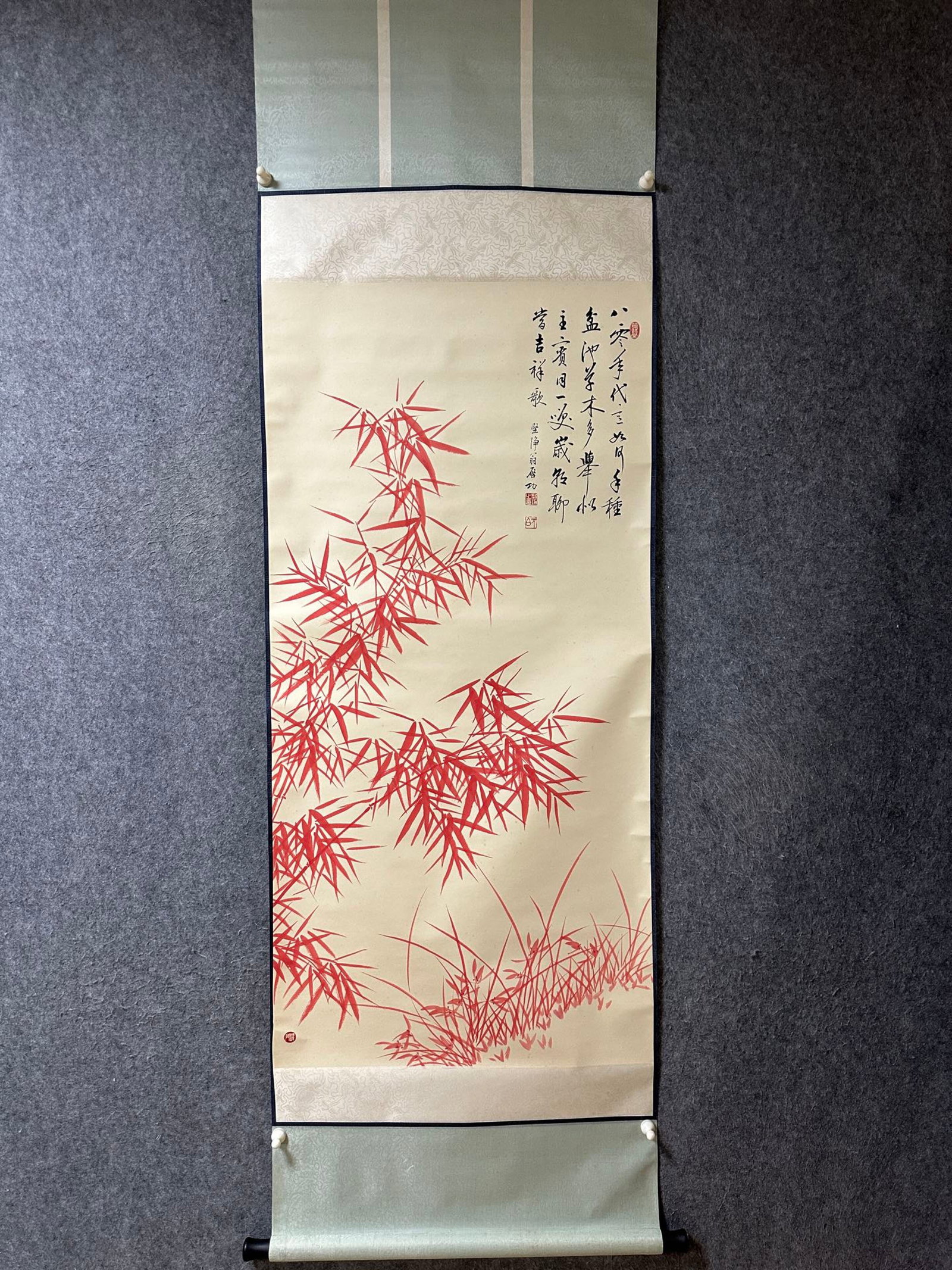 A Chinese Vertical Scroll Ink Painting of Bamboo on Paper: A Chinese Vertical Scroll Ink Painting of Bamboo on Paper,Qi Gong,Size:54.3inx26.4in 一幅中国水墨竹画立轴,启功