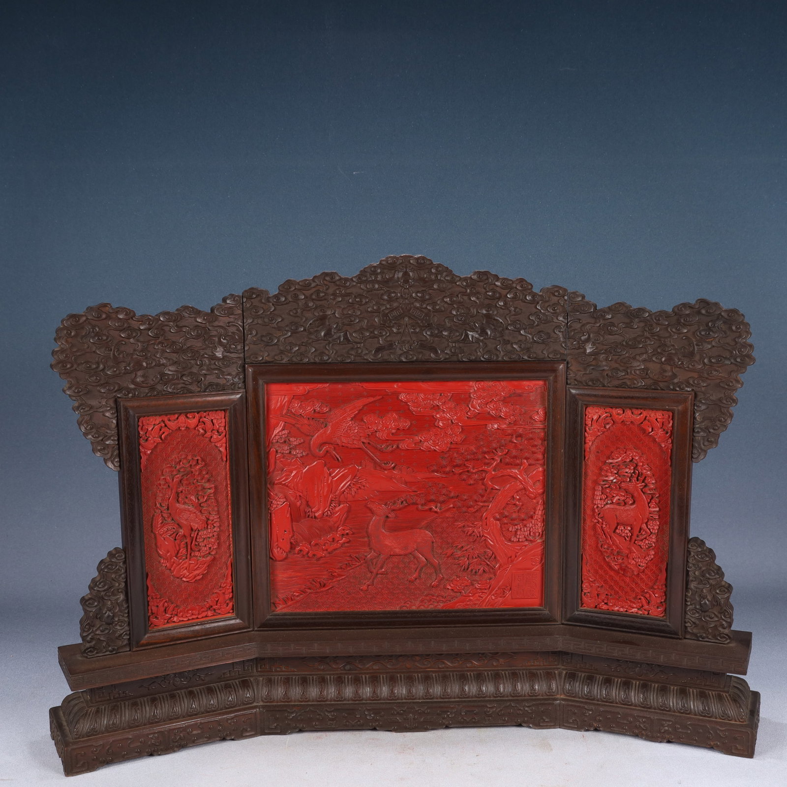 A Huge Zitanwood Inlaid Carved Red Lacquer Crane and Deer Pattern Table Screen (1 of 9)