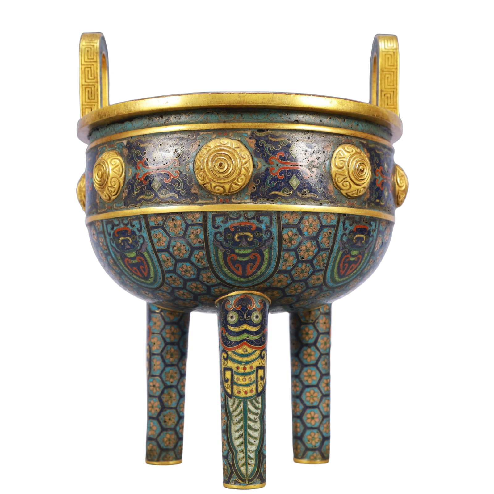 An Exquisite Cloisonne Flower Pattern Double-Ears and Tripod Censer: An Exquisite Cloisonne Flower Pattern Double-Ears and Tripod Censer,Qing Dynasty, China,Qianlong Four-character Mark,Size:7.9inx11in,Weight:2450g 景泰蓝花卉纹ࡡ