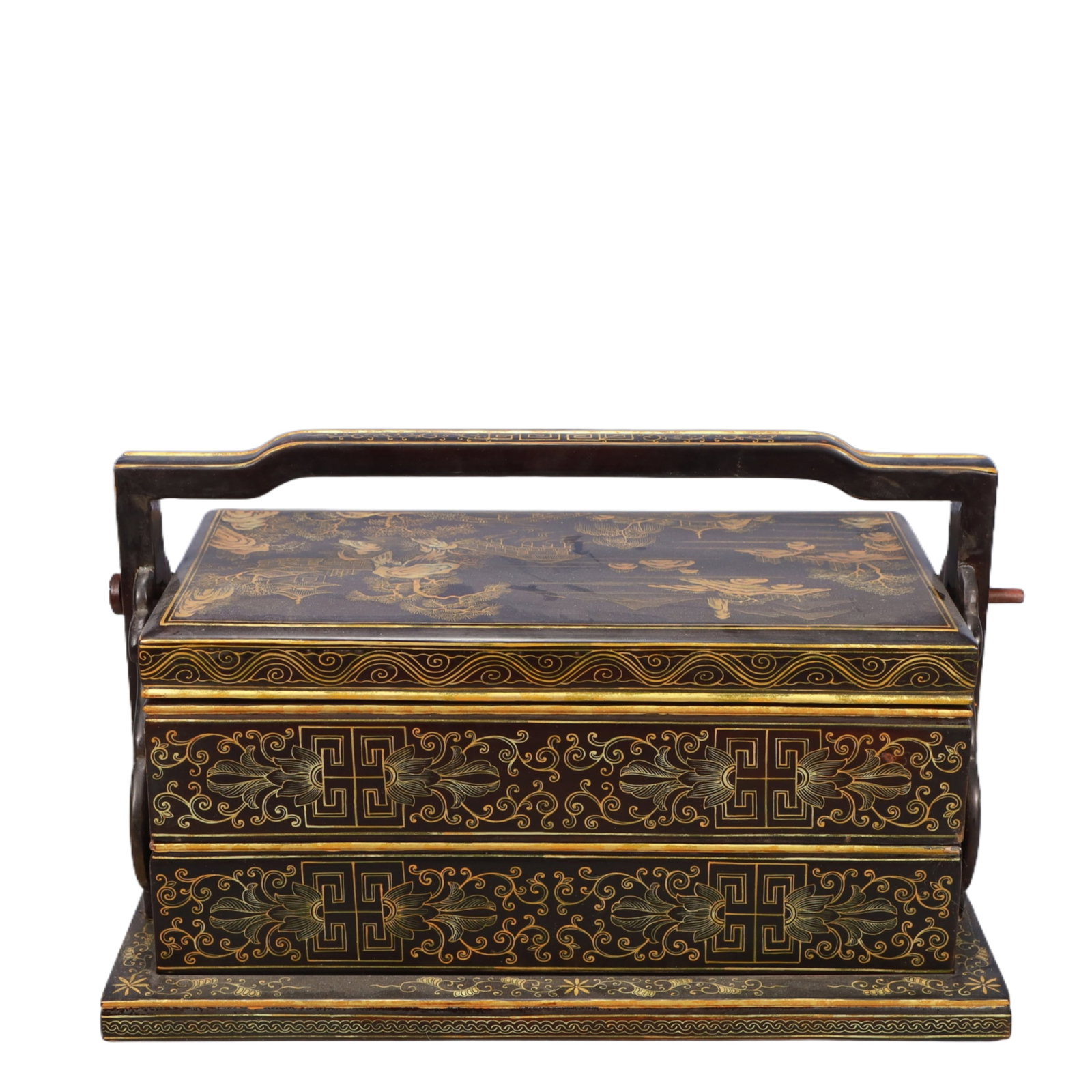 A Rare Wooden Lacquer Painted Gold Landscape Pattern Box (1 of 9)