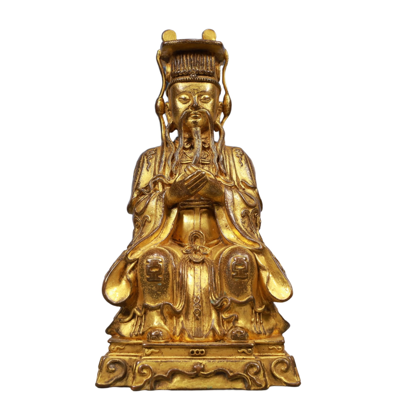 A Solemn Gilt Bronze Statue of Mammon: A Solemn Gilt Bronze Statue of Mammon, Qing Dynasty, China, Size:4.7inx3.9inx10in, Weight:2750g 铜鎏金财神像,中国清代,尺寸:4.7in
