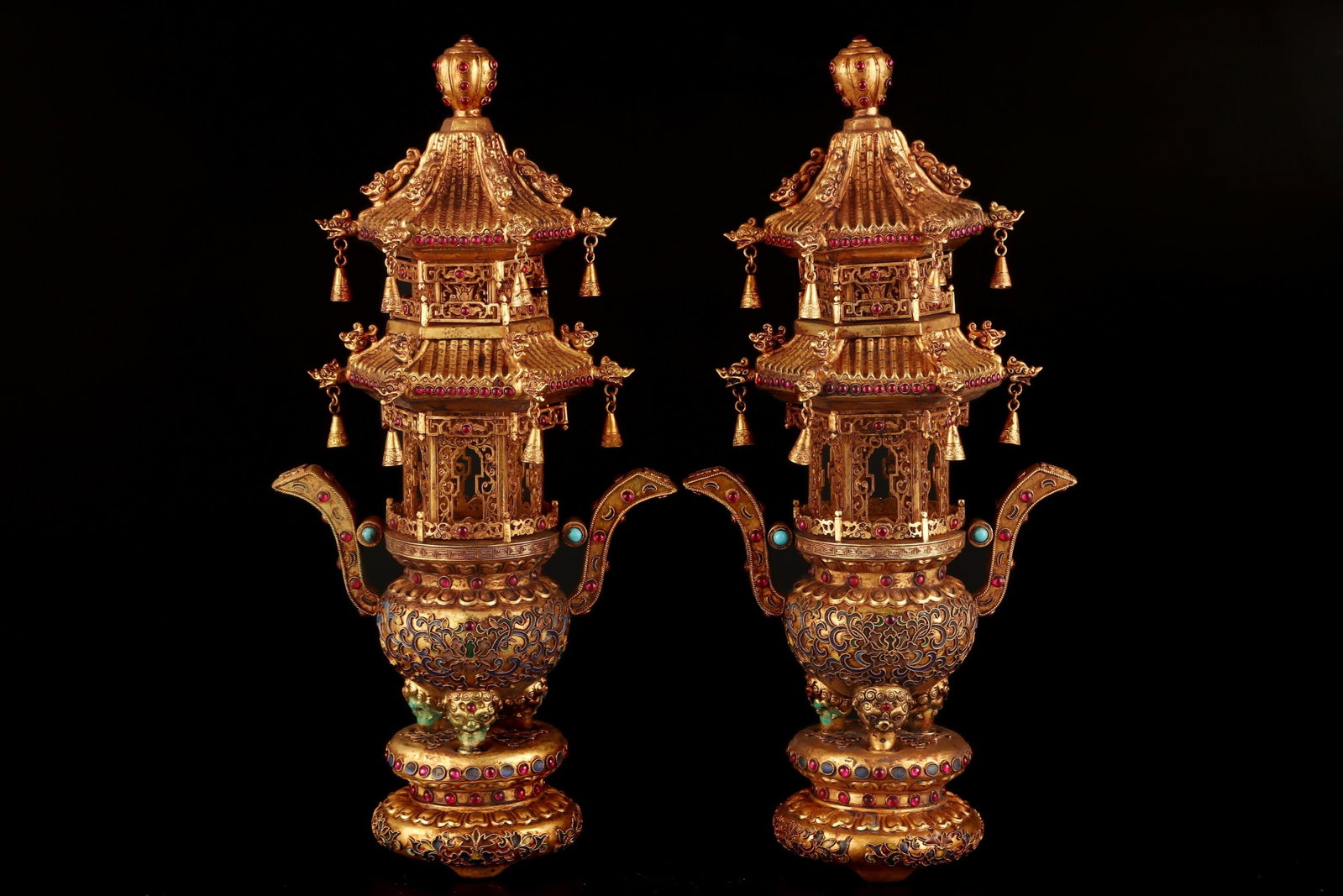 A Pair of Exquisite Gilt Bronze Lotus Pattern Censers,Inlaid Gems: A Pair of Exquisite Gilt Bronze Lotus Pattern Censers,Inlaid Gems,Qing Dynasty,China,Qianlong Four-character Mark,Size:16.9inx7.9in,Weight:5260g 一对铜鎏金缠枝