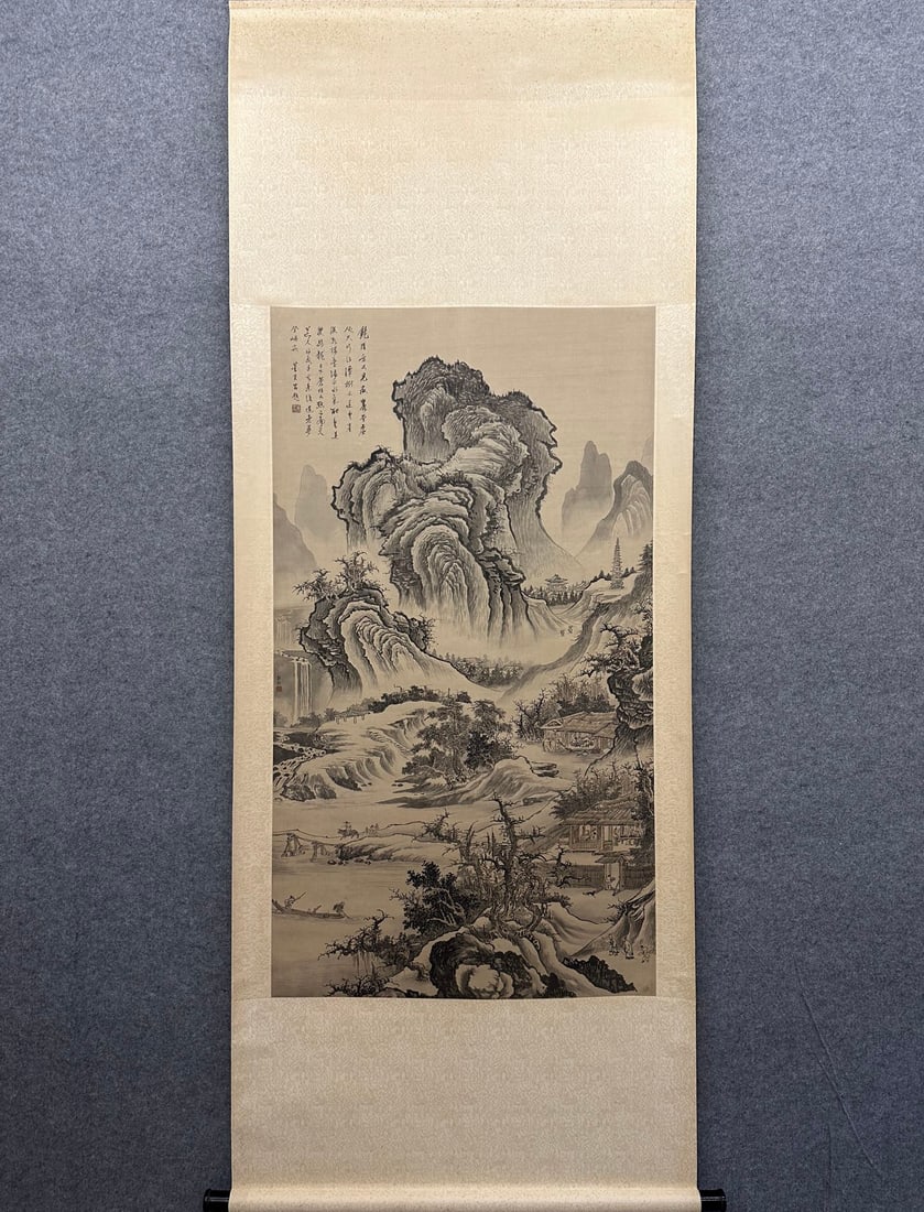 A Chinese Vertical Scroll Ink Painting of Landscape on Silk: A Chinese Vertical Scroll Ink Painting of Landscape on Silk,Guo Xi,Size:50.4inx28in 一幅中国水墨绢本山水画立轴,郭