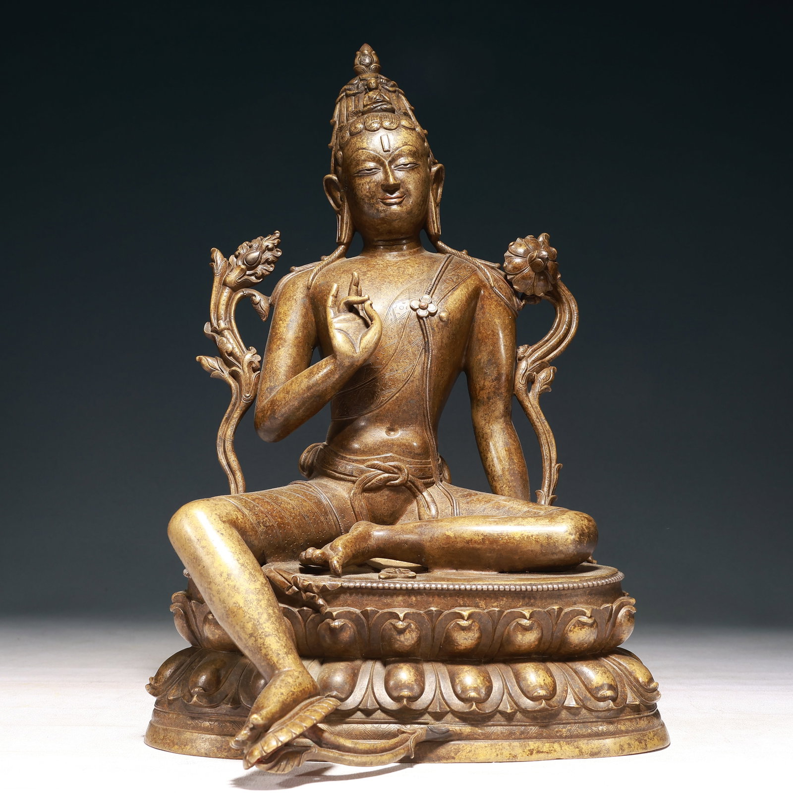 A Solemn Bronze Inlaid Silver Statue of Tara: A Solemn Bronze Inlaid Silver Statue of Tara,Qing Dynasty, China,Size:9.1inx7.5inx14.6in,Weight:5950g 铜嵌银度母像,中国清代