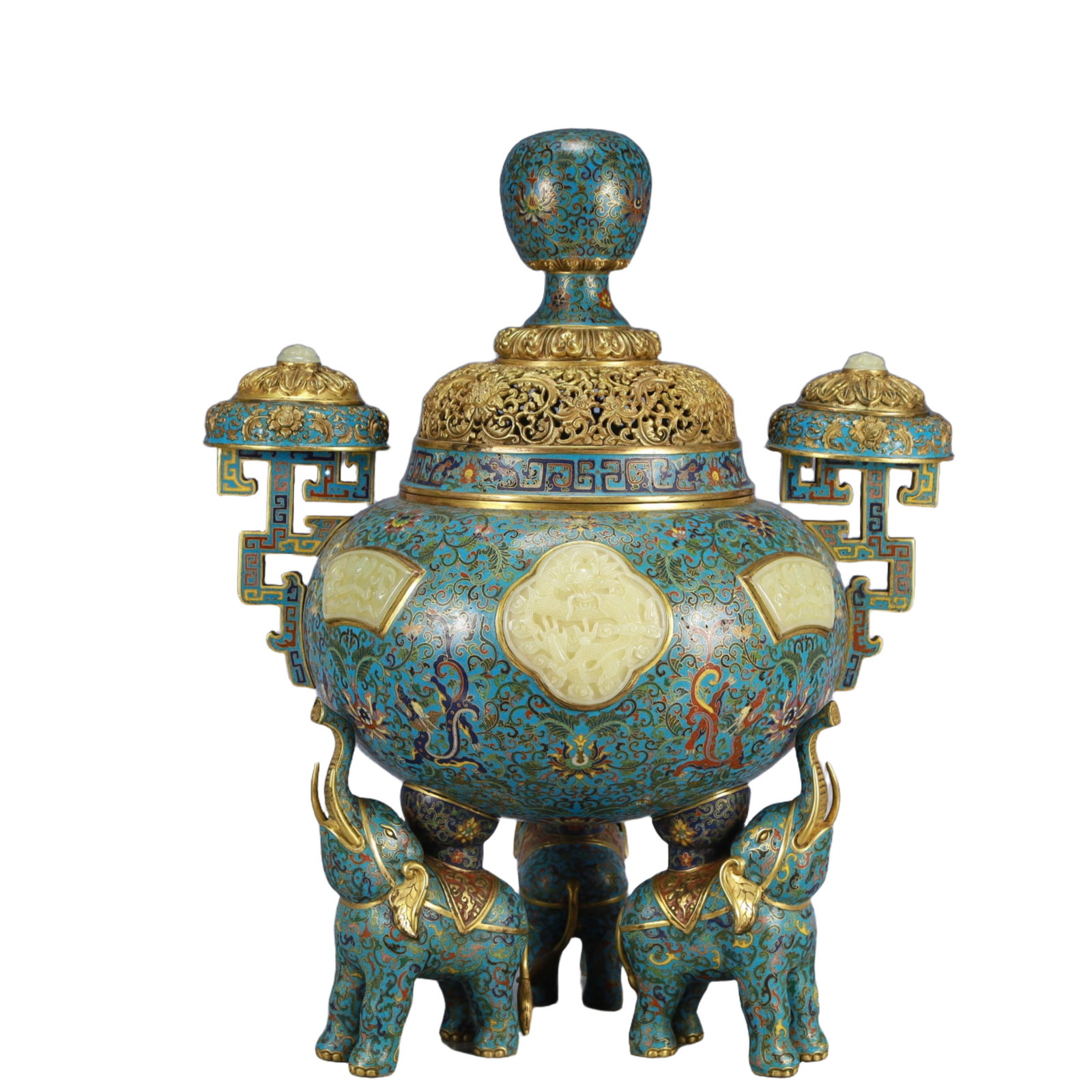 Cloisonne Inlaid White Jade Dragon Pattern Double-Ears Tripod Ornament: Cloisonne Inlaid White Jade Dragon Pattern Double-Ears Tripod Ornament,Qing Dynasty, China,Qianlong Four-character Mark,Size：15.7inx6.7inx19.7in; Weight：9600g 景泰嵌