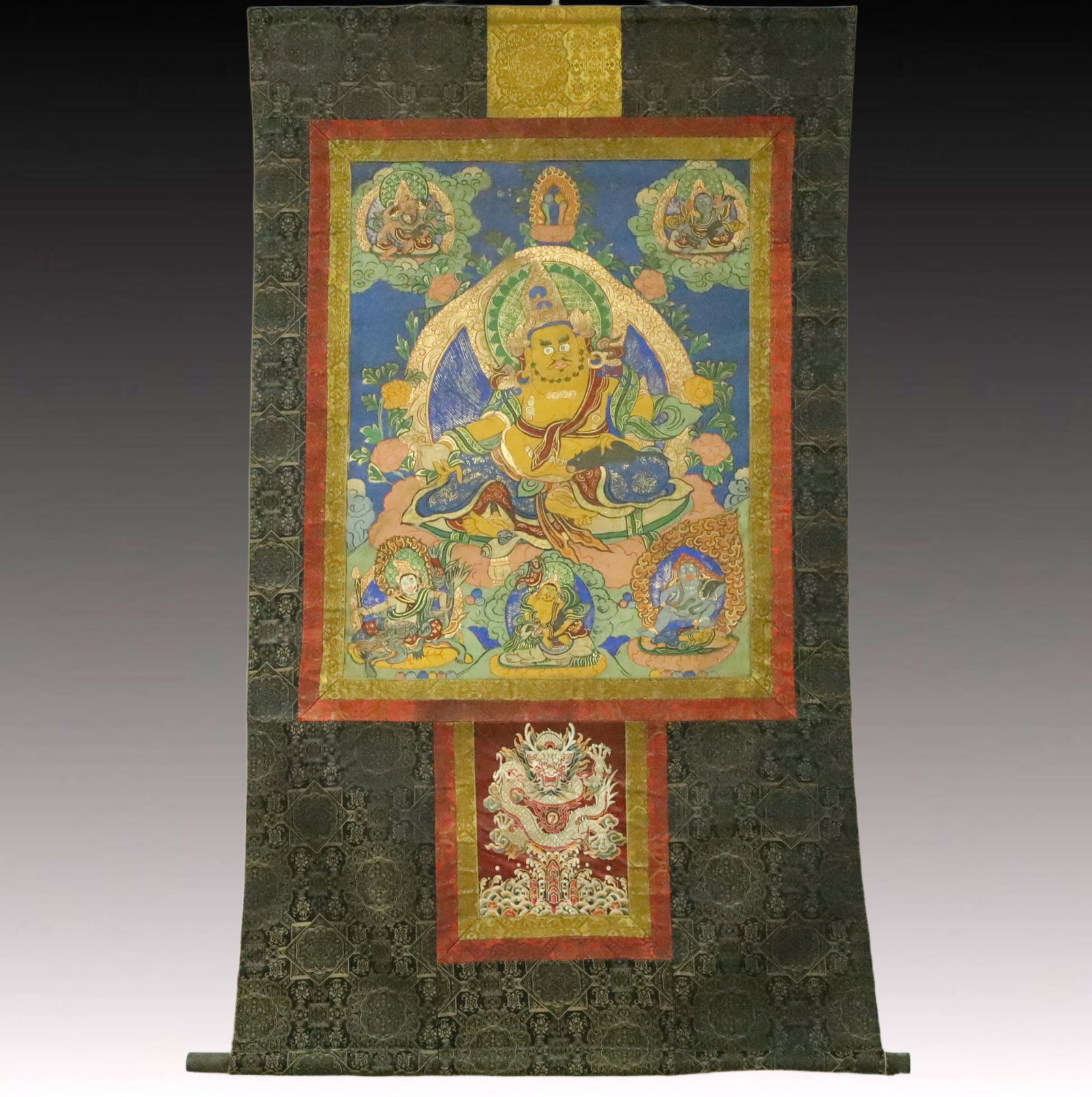 A Rare Brocade Painted Color Statue of Mammon Tangka: A Rare Brocade Painted Color Statue of Mammon Tangka,Qing Dynasty, China,Size:37inx61.8in 织锦彩绘财神像唐卡,中国清代