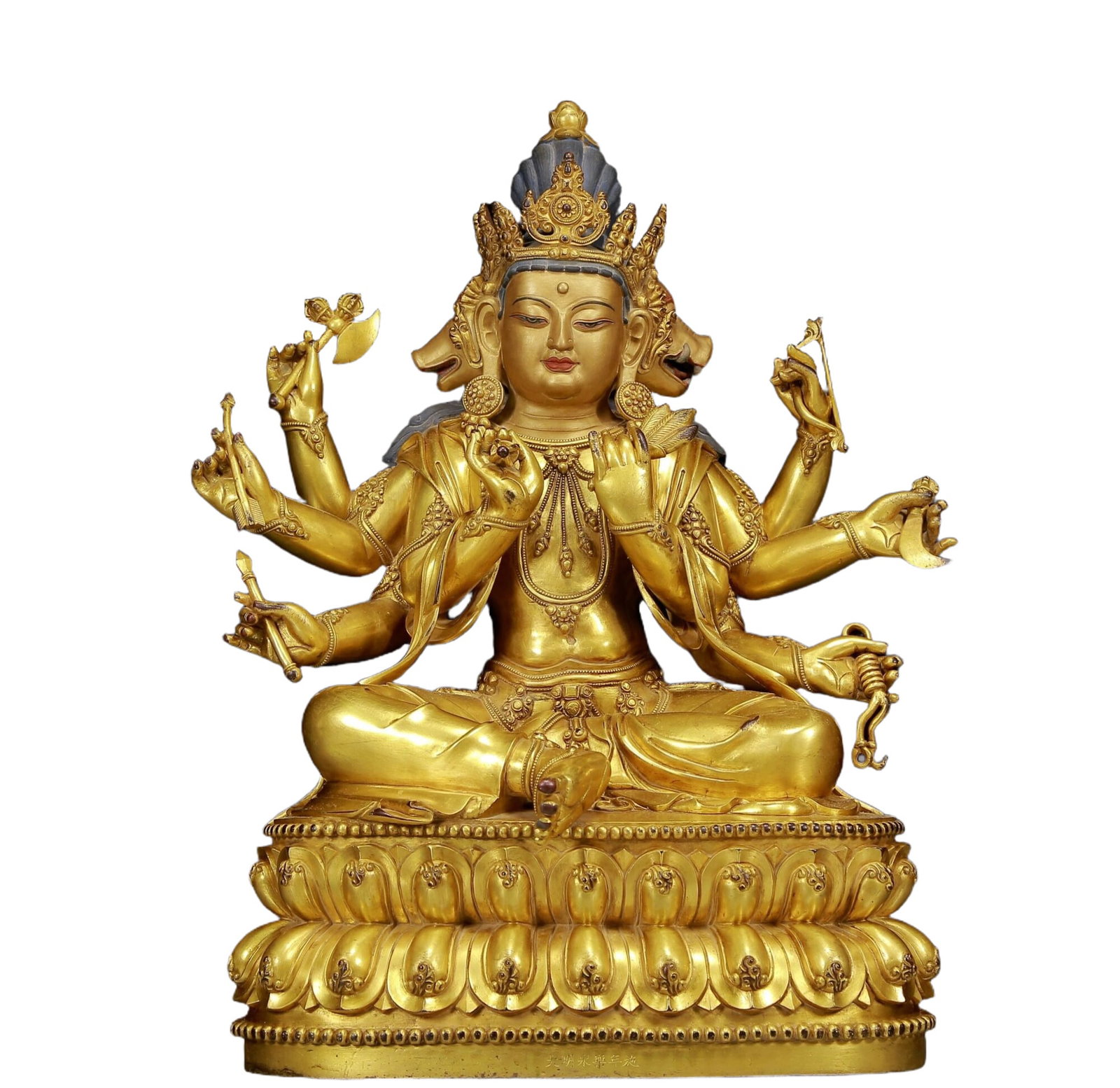 A Brilliant Gilt-Bronze Figure Of Dakini: A Brilliant Gilt-Bronze Figure Of Dakini. Seated with a peaceful expression, body adorned with jewelry ornaments, topknot surmounted by a splendid diadem, hands brandishing various ritual items. Chine