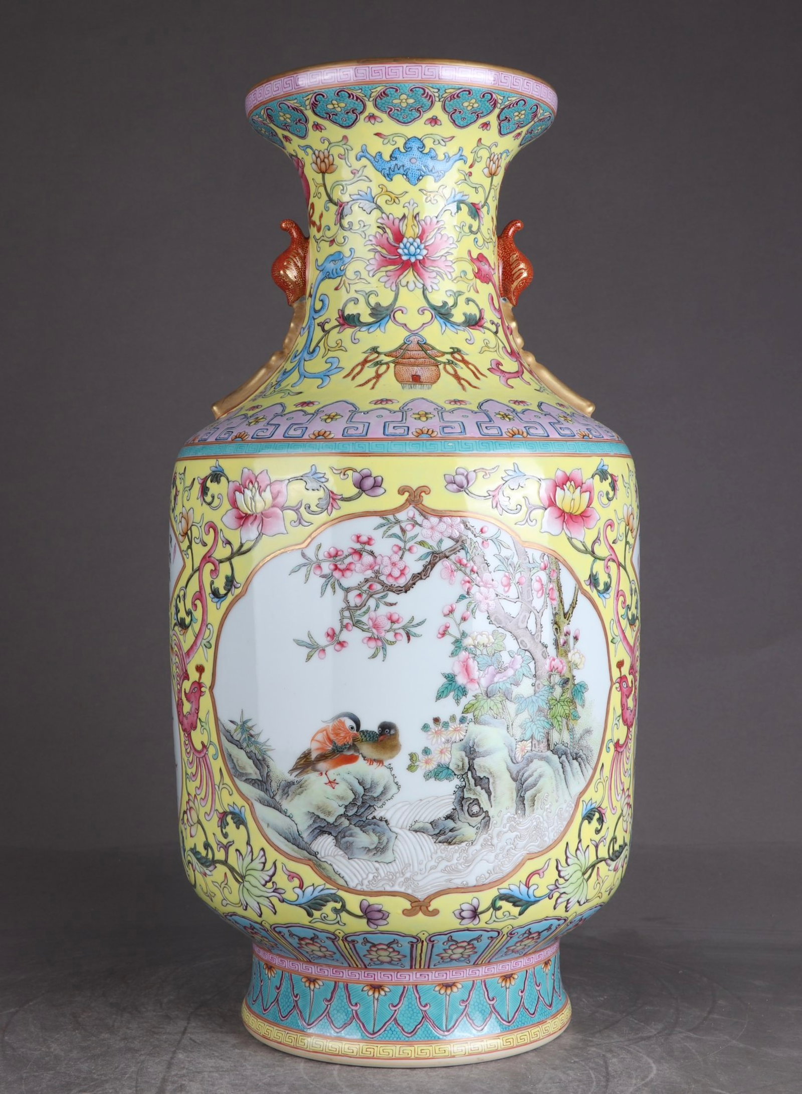A Huge Yellow Ground Enamel Flower and Bird Pattern Double-Ears Vase,with poem: A Huge Yellow Ground Enamel Flower and Bird Pattern Double-Ears Vase,with poem,Qing Dynasty,China,Qianlong Six-character Mark,Size:16.7inx8.7in 黄地珐琅彩花鸟