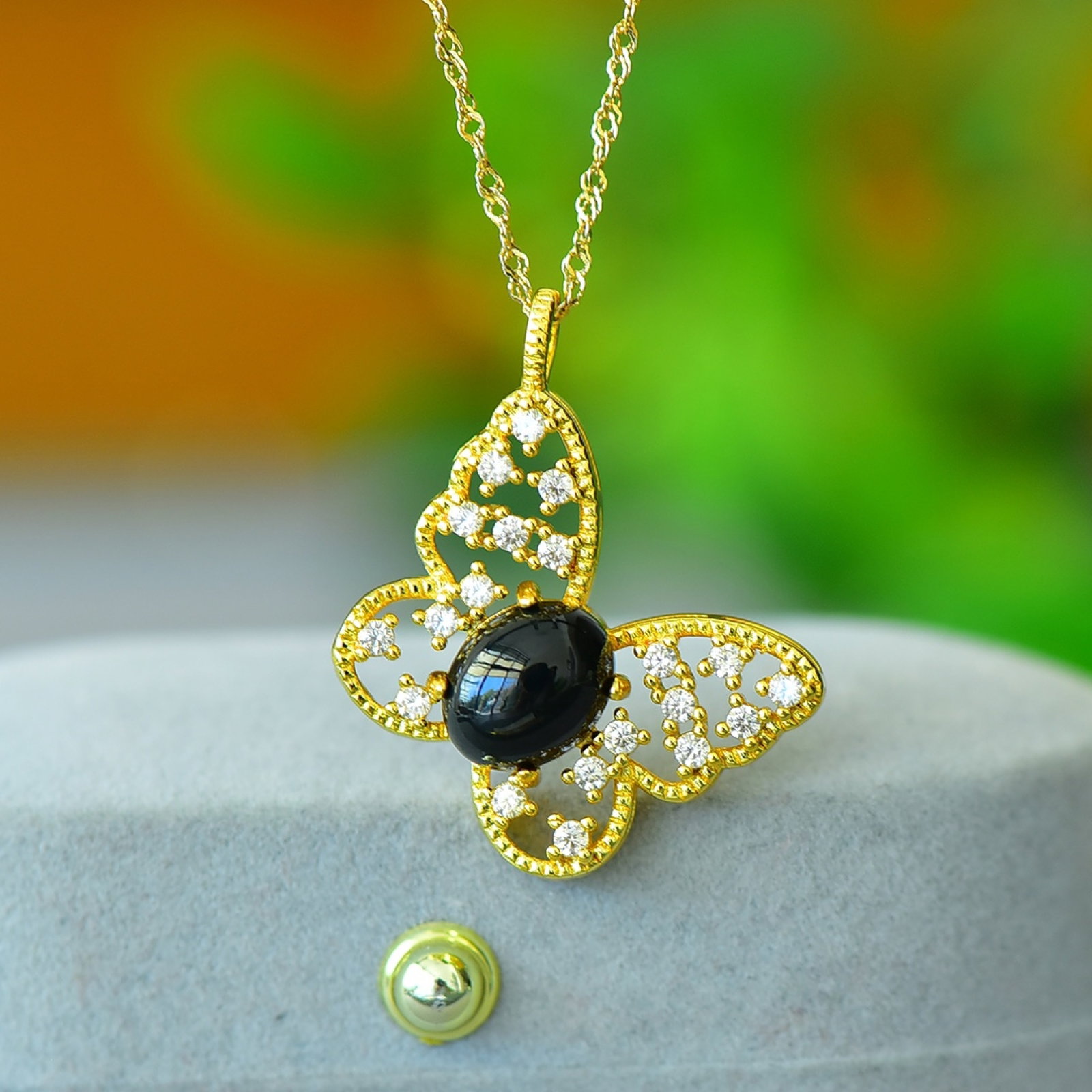 An Exquisite Bronze-Gold Plated Inlaid Green Jade Butterfly Necklace: An Exquisite Bronze-Gold Plated Inlaid Green Jade Butterfly Necklace,Size:3.1inx3.9in 铜镀金镶青玉蝴蝶项链