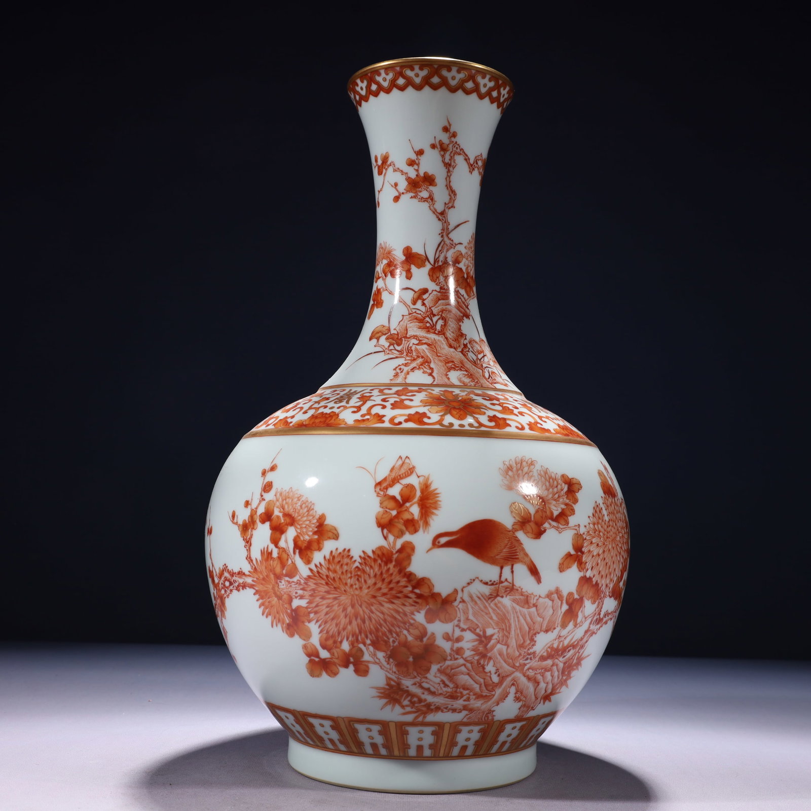 An Exquisite Iron-Red Painted Gold Flower and Bird Pattern Vase: An Exquisite Iron-Red Painted Gold Flower and Bird Pattern Vase,Qing Dynasty,China,Guangxu Six-character Mark,Size:8.7inx15.7in,Weight:3600g