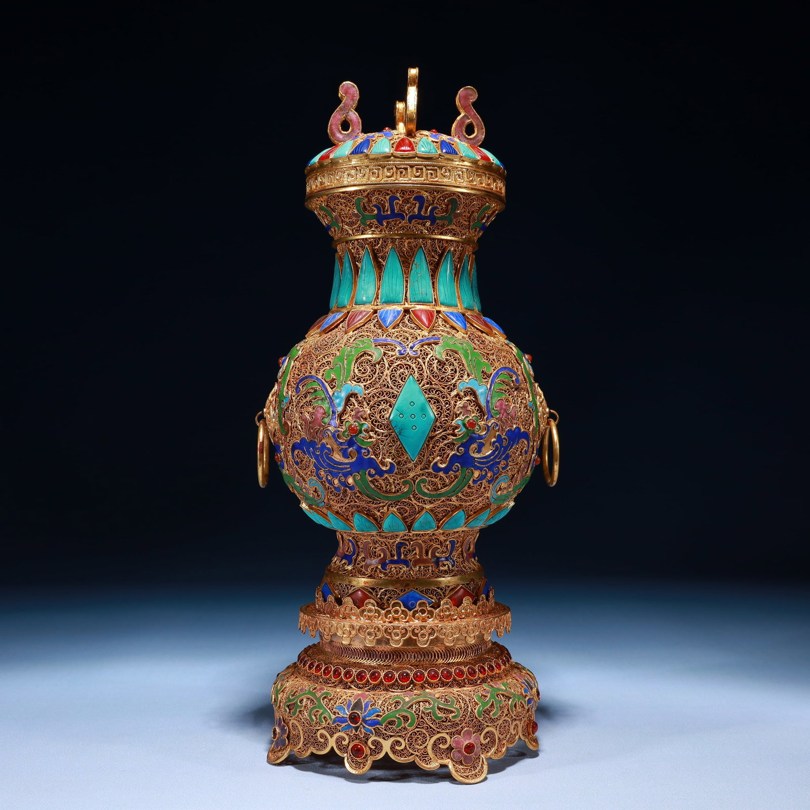 An Exquisite Filigree and Gilding Flower and Phoenix Pattern Beast-Ears Bottle,Inlaid Turquoise: An Exquisite Filigree and Gilding Flower and Phoenix Pattern Beast-Ears Bottle,Inlaid Turquoise,Qing Dynasty,China,Qianlong Four-character Mark,Size:5.5inx13in,Weight:1250g