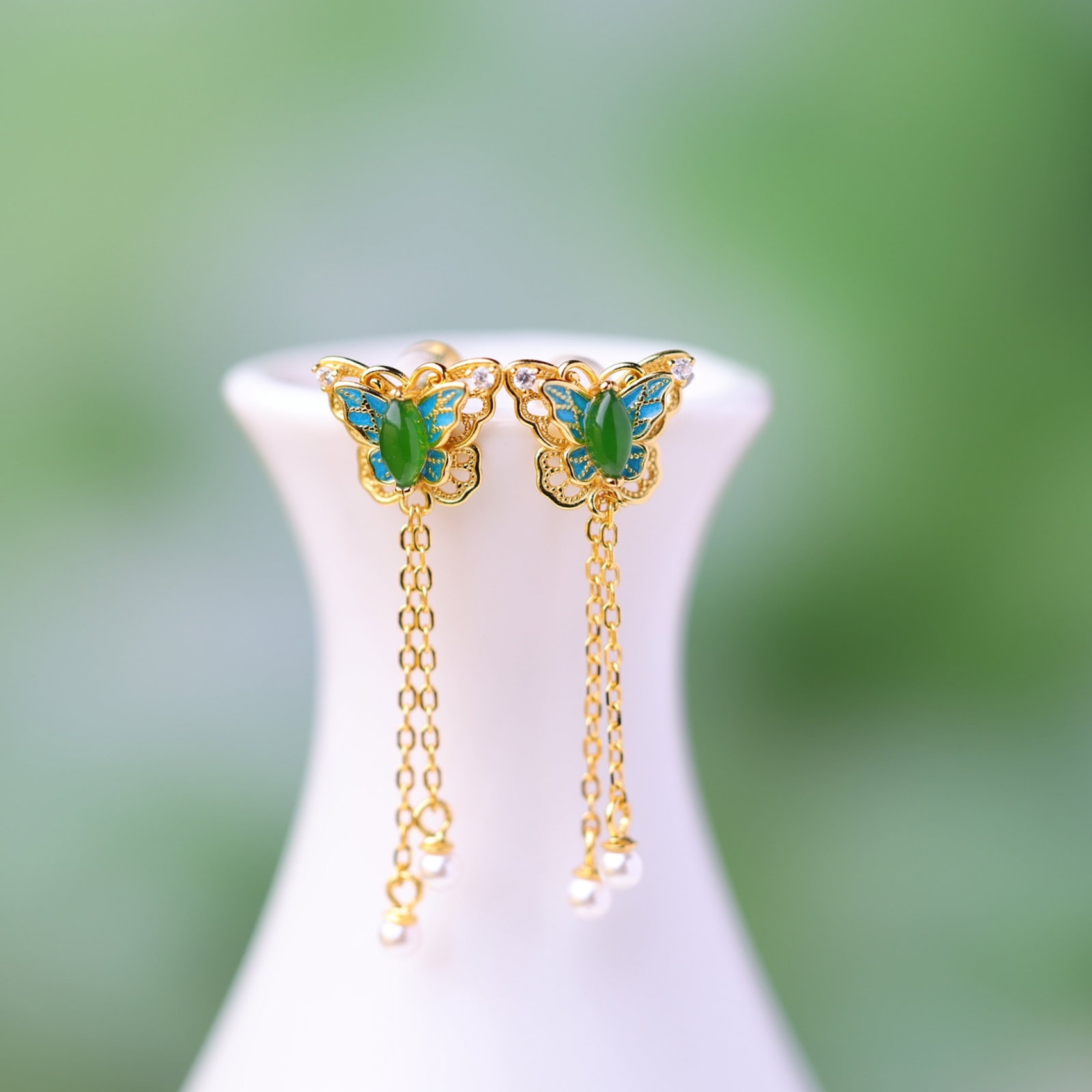 A Pair of Exquisite Sterling Silver-Gold Plated Inlaid Jasper Earrings,Inlaid Pearls: A Pair of Exquisite Sterling Silver-Gold Plated Inlaid Jasper Earrings,Inlaid Pearls,Size:3mmx6mm