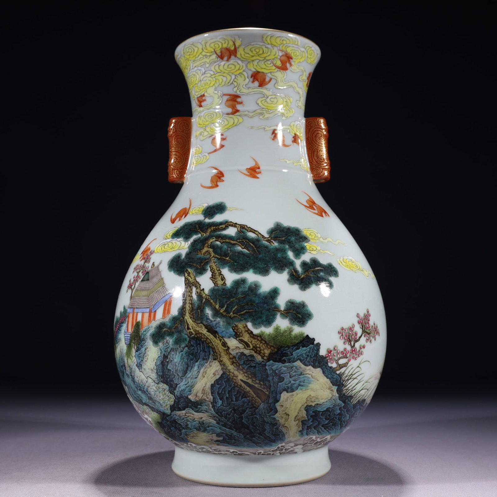 An Exquisite Enamel Painted Gold Landscape Pattern Double-Ears Vase,with poem: An Exquisite Enamel Painted Gold Landscape Pattern Double-Ears Vase,with poem,Qing Dynasty,China,Qianlong Six-character Mark,Size:6.7inx11.4in,Weight:1850g 珐琅彩描金