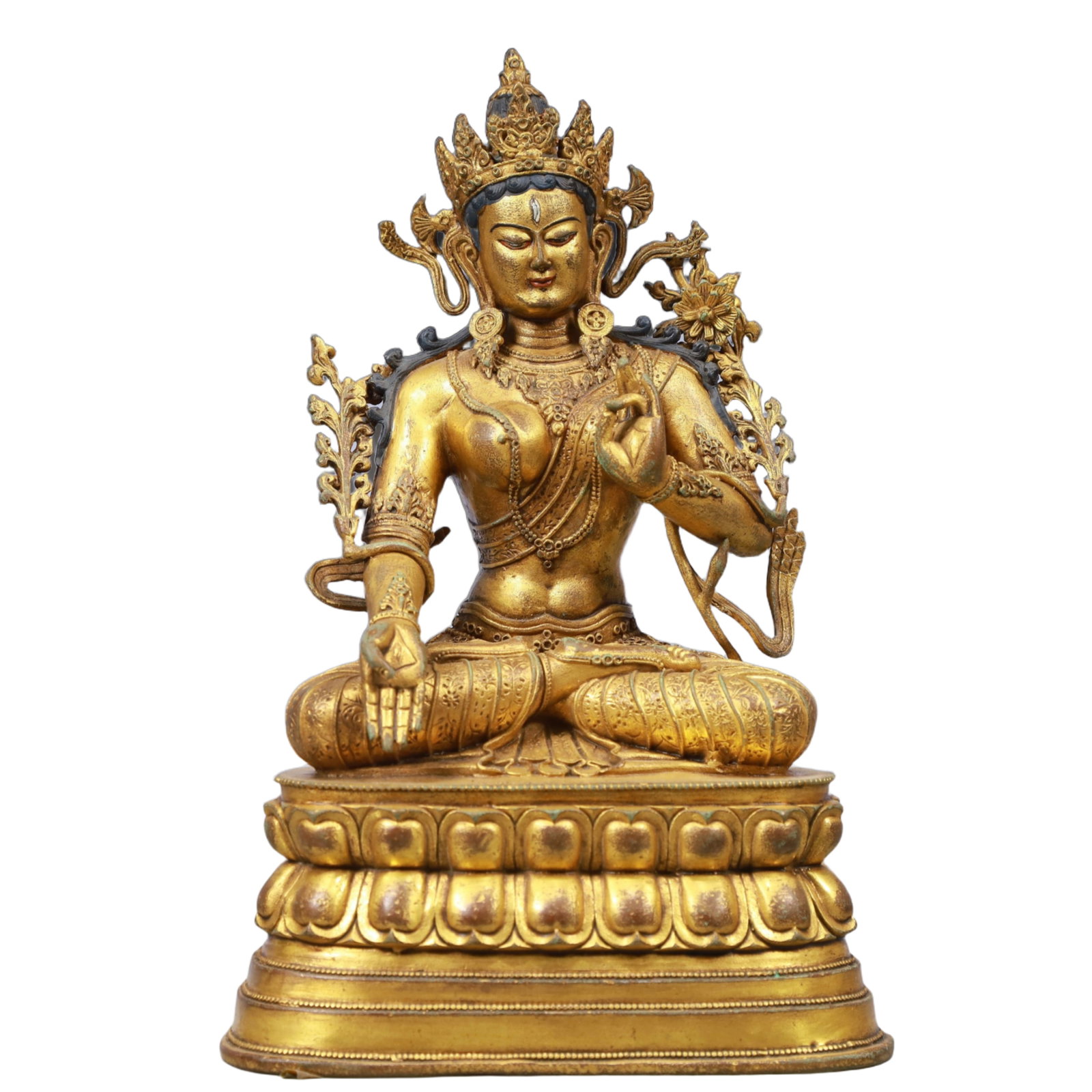 A Solemn Gilt Bronze Statue of Tara: A Solemn Gilt Bronze Statue of Tara, Qing Dynasty, China, Qianlong Mark, Size:6.1inx4.3inx10in, Weight:1850g