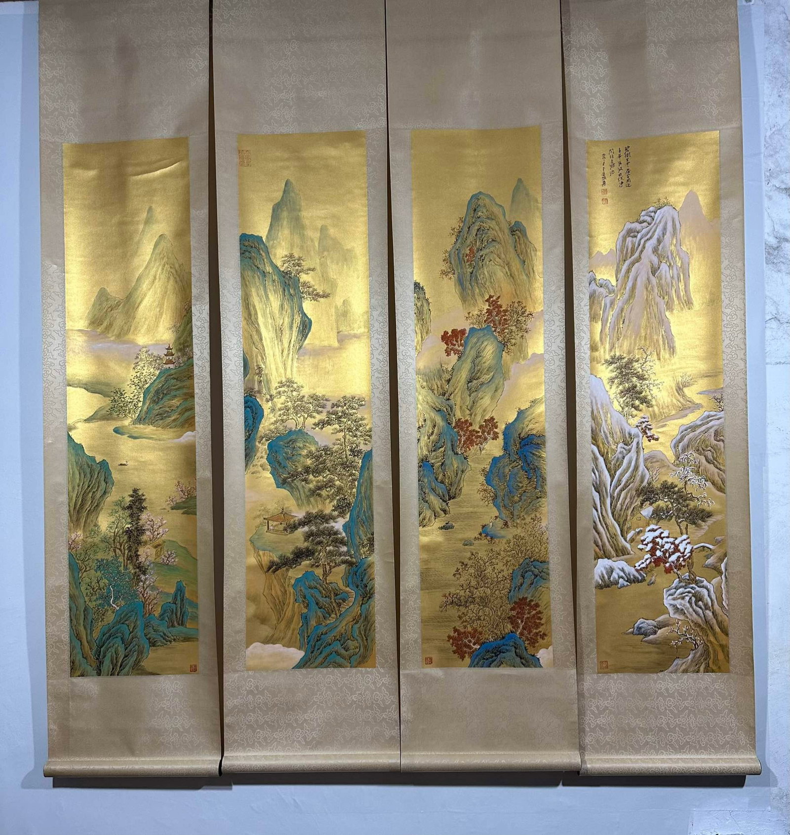 A Set of Chinese Vertical Scroll Ink Painting of Landscape on Paper: A Set of Chinese Vertical Scroll Ink Painting of Landscape on Paper,Zhang Daqian,Size:(entirety)74.8inx15.7in,(Without frame)46.5inx12.6in 一套中国水墨山ĕ