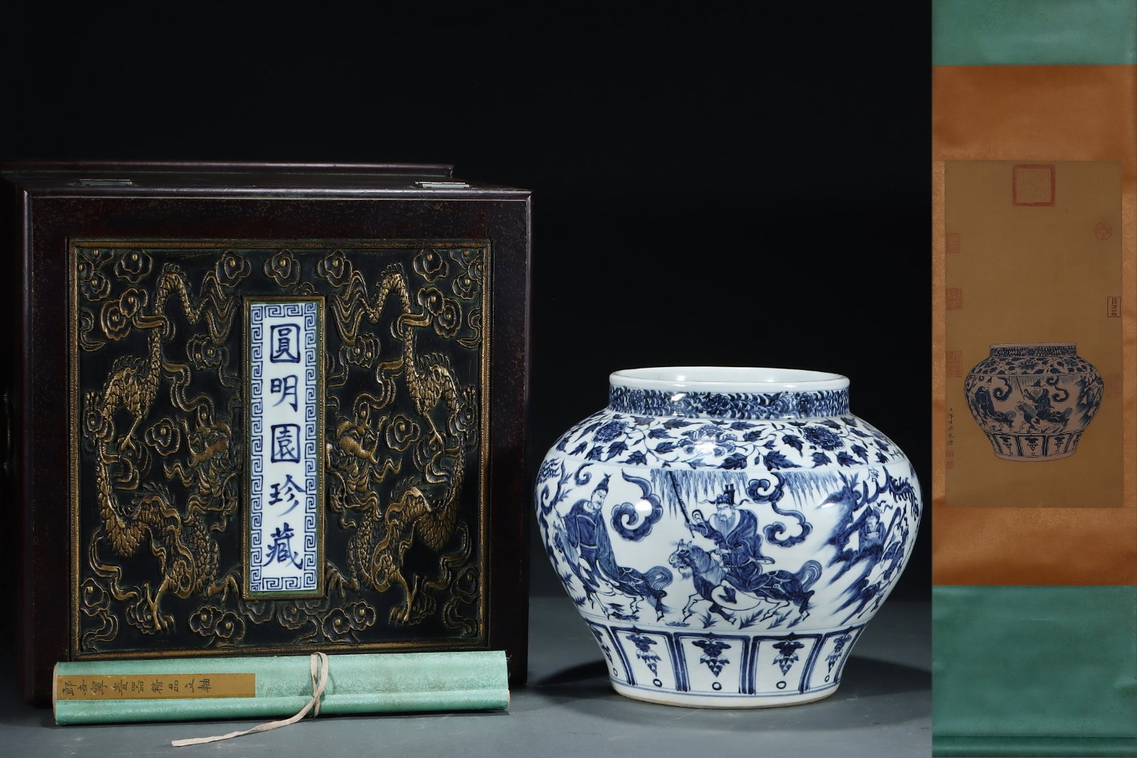 A Rare Blue and White Character and Story Pattern Jar,With Vertical Scroll Painting on Silk: A Rare Blue and White Character and Story Pattern Jar,With Vertical Scroll Painting on Silk,Yuan Dynasty, China,Size:11.2inx13.3in,(Without frame)24.4inx12.6in 青花人物故