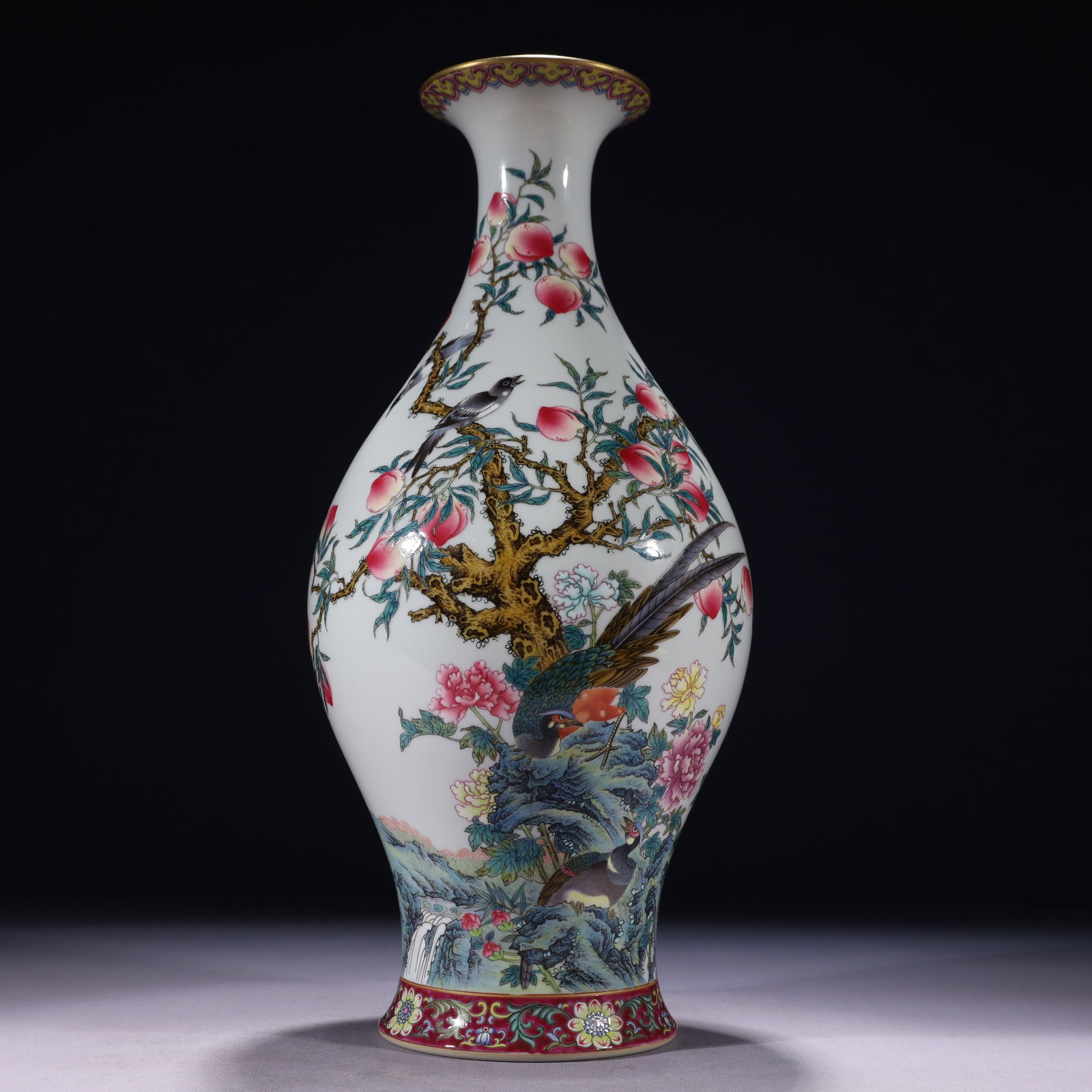 An Exquisite Famille-Rose Painted Gold Flower and Fruit Pattern Vase,with poem: An Exquisite Famille-Rose Painted Gold Flower and Fruit Pattern Vase,with poem,Qing Dynasty,China,Yongzheng Six-character Mark,Size:6.7inx16.1in,Weight:2350g 粉彩描金花&#
