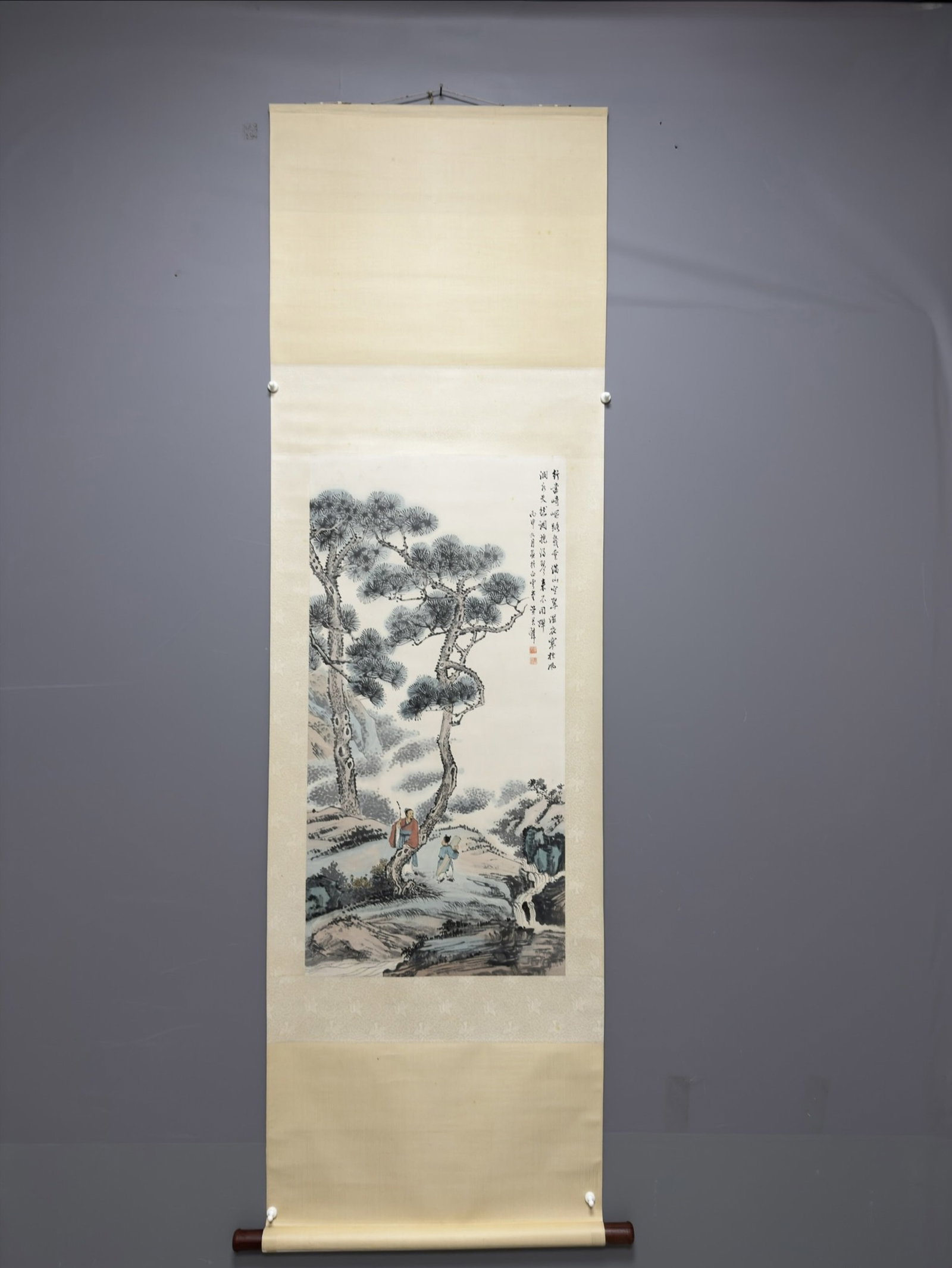 A Chinese Vertical Scroll Ink Painting of Landscape and Figure on Paper: A Chinese Vertical Scroll Ink Painting of Landscape and Figure on Paper,Huang Junbi,Size:39.4inx19.7in 一幅中国水墨山水人物画立&