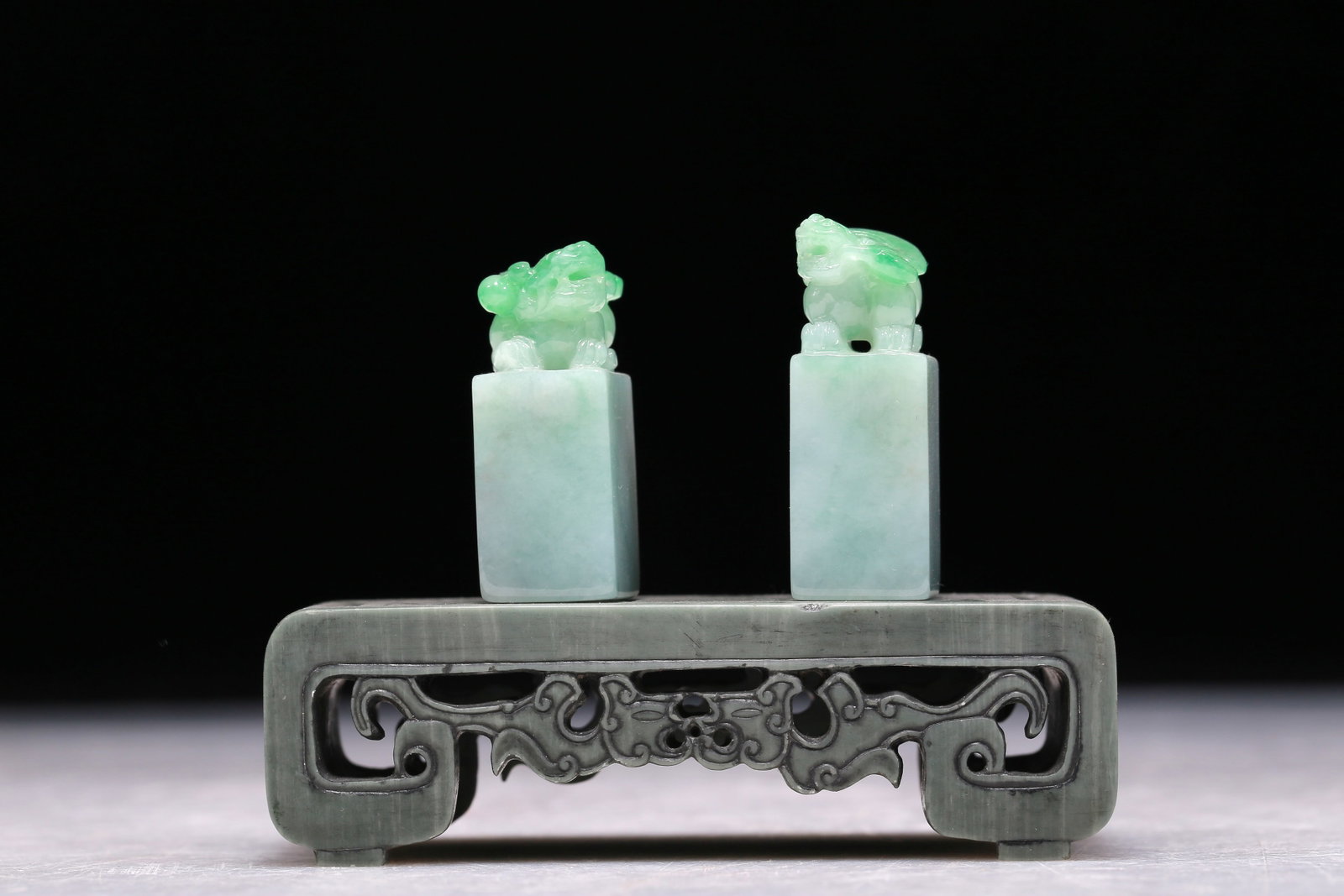 Two Precious Jadeite 'Auspicious Beast' Seals (1 of 7)