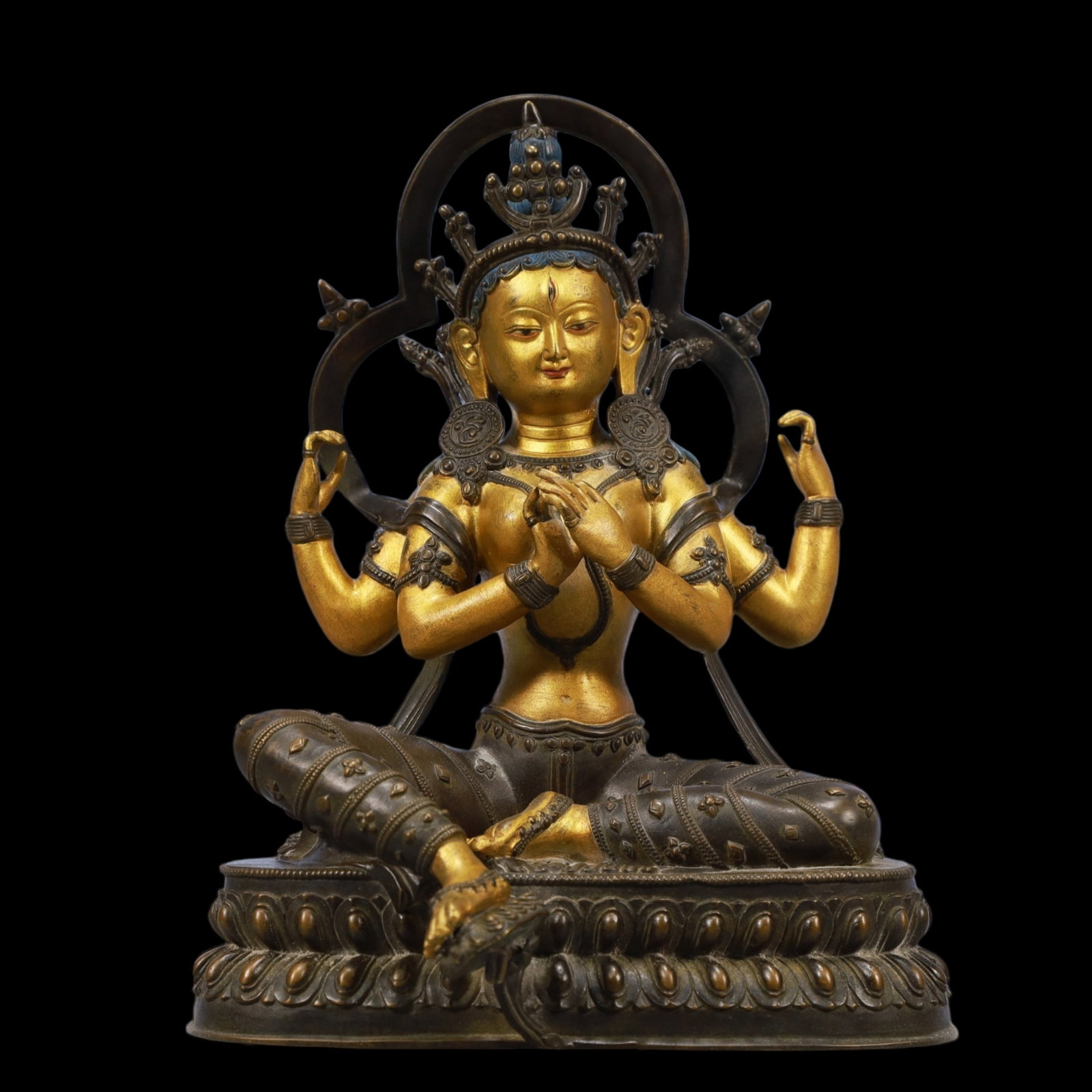 A Solemn Gilt Bronze Four-arms Statue of Avalokitesvara: A Solemn Gilt Bronze Four-arms Statue of Avalokitesvara,Ming Dynasty, China,Size:7.9inx5.1inx9.8inWeigh:3600g 铜鎏金四臂观音像,中国明&