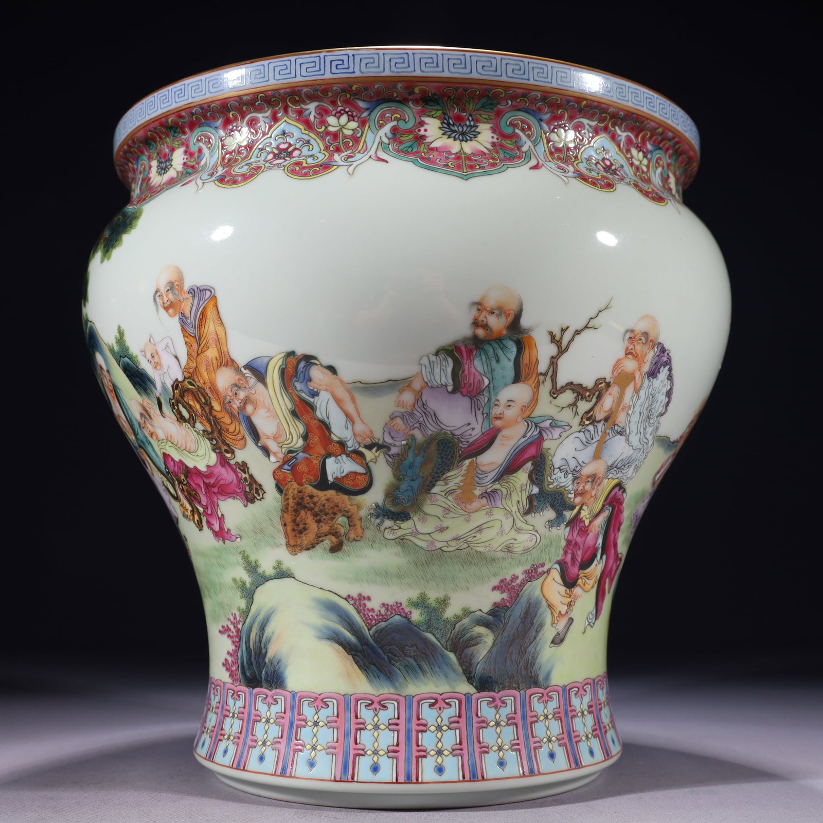 An Exquisite Famille-Rose Painted Gold Character and Story Pattern Vat: An Exquisite Famille-Rose Painted Gold Character and Story Pattern Vat,Qing Dynasty,China,Yongzheng Six-character Mark,Size:6.7inx11in,Weight:5900g 粉彩描金人物