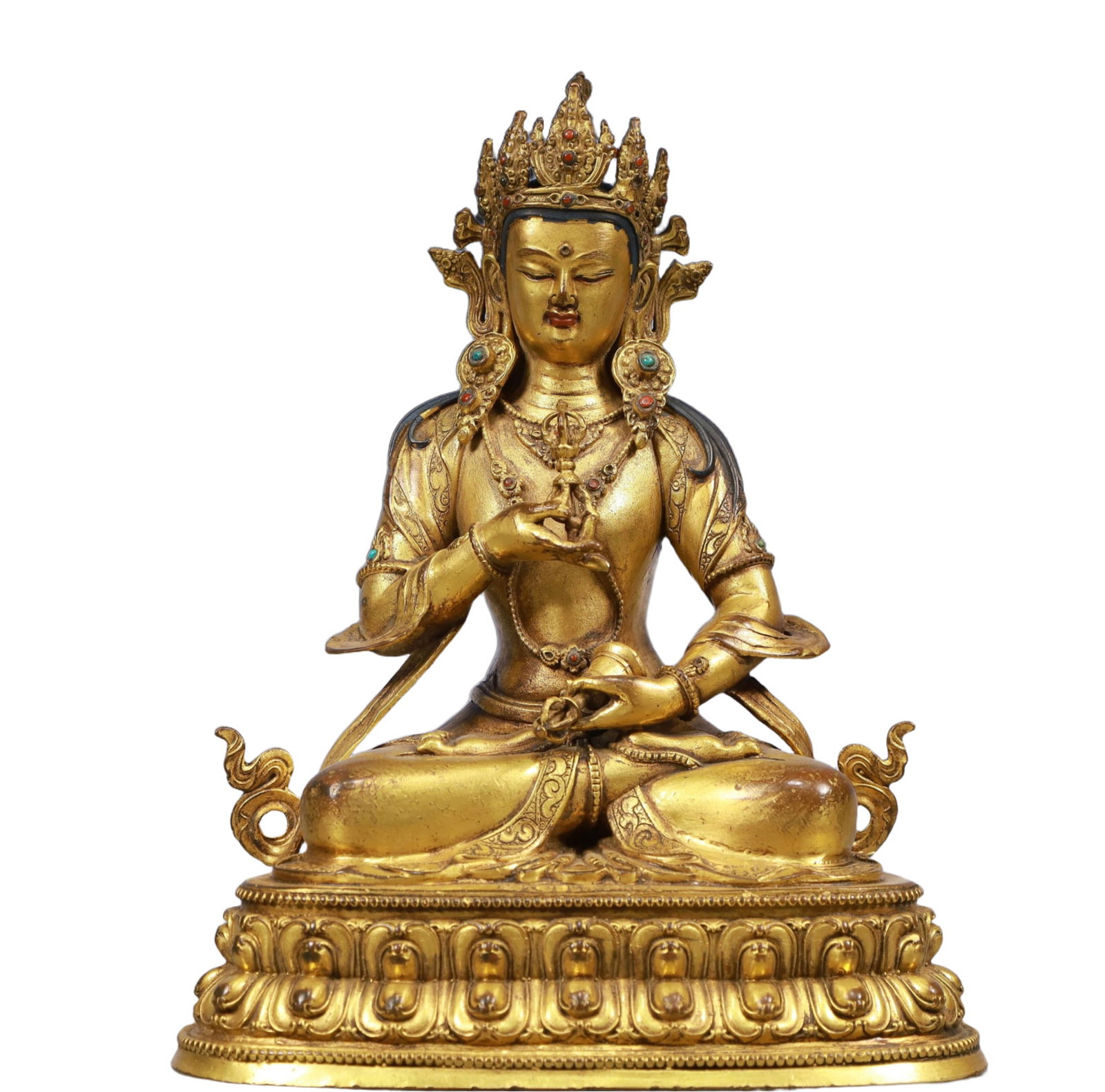 A Solemn Gilt Bronze Statue of Vajrasattva, Inlaid Gems: A Solemn Gilt Bronze Statue of Vajrasattva, Inlaid Gems, Qing Dynasty, China, Qianlong Mark, Size:7.1inx4.7inx9.8in, Weight:1700g 铜鎏金金刚萨陲像,î
