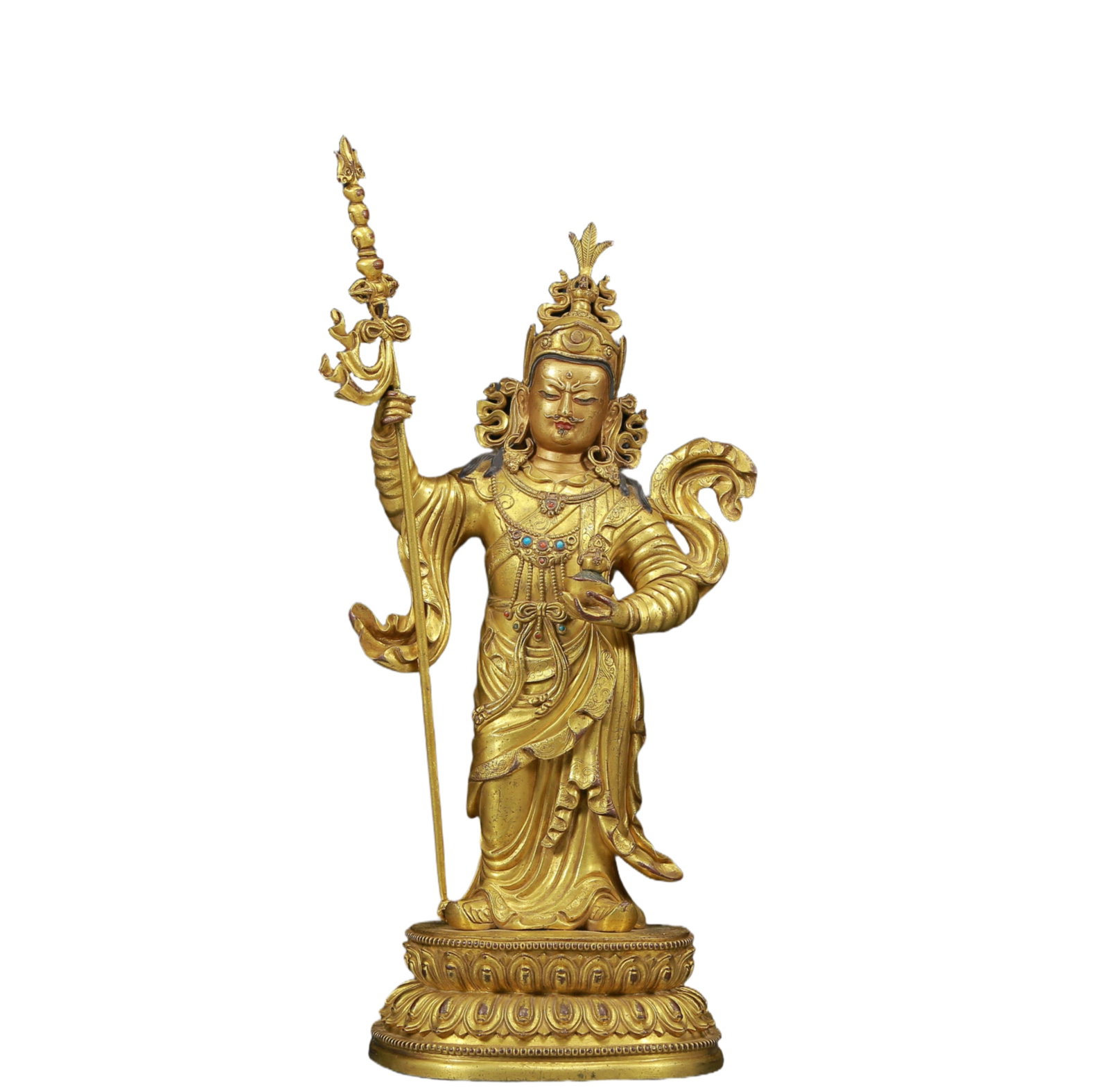 A Magnificent Gilt-Bronze Figure Of Padmasambhava With marks: A Magnificent Gilt-Bronze Figure Of Padmasambhava With marks. Stood on a base, body rendered clad in long, flowing robes, the voluminous drapery elegantly cascading in folds, one hand holding a holy,