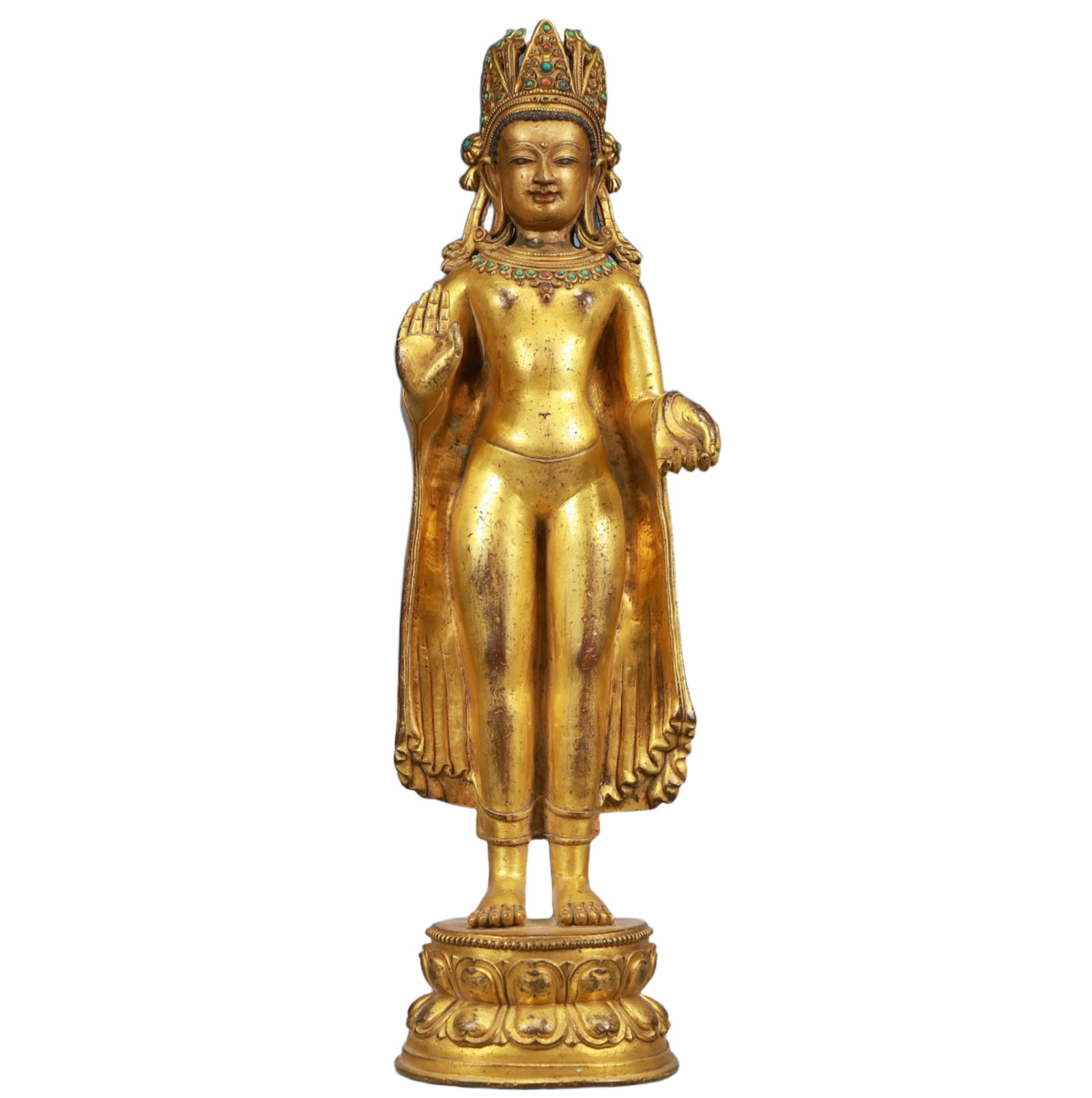 A Solemn Gilt Bronze Statue of Avalokitesvara, Inlaid Gems, With Inscription (1 of 10)
