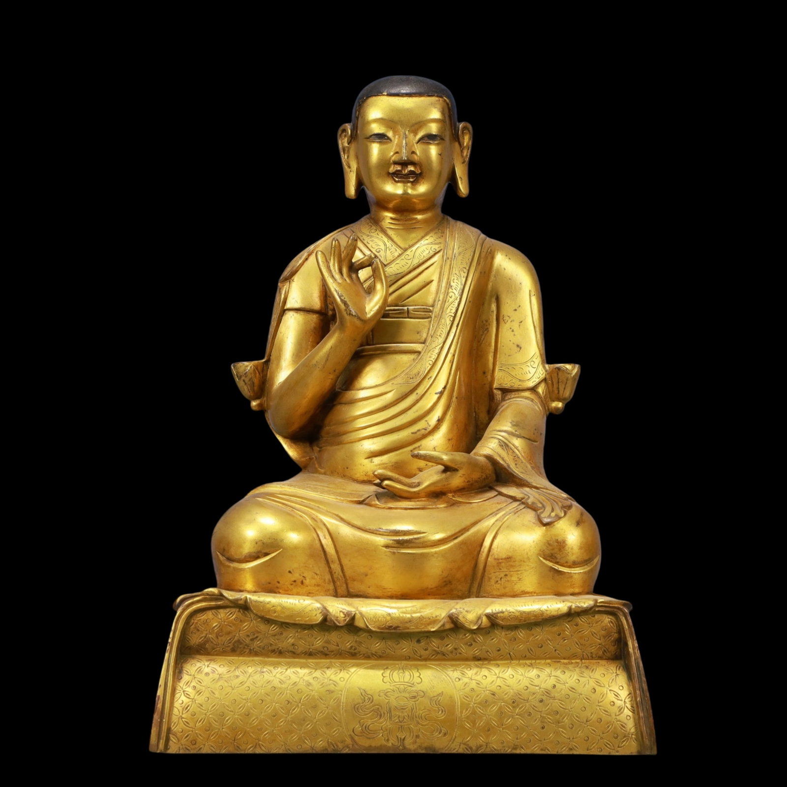 A Solemn Gilt Bronze Statue of Guru: A Solemn Gilt Bronze Statue of Guru,Ming Dynasty, China,Size:9.1inx6.3inx12.6inWeigh:9350g 铜鎏金上师像,中国明代