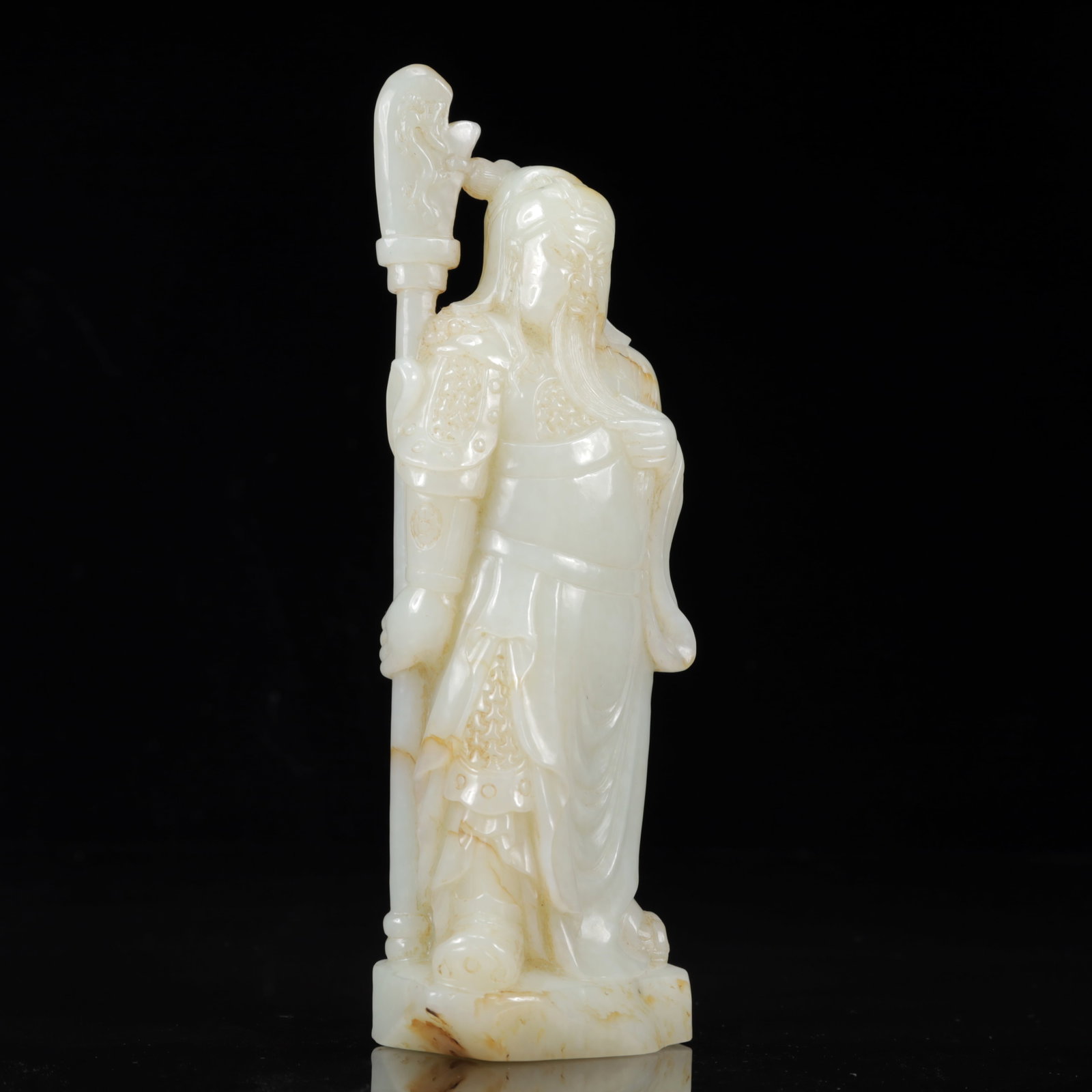 An Exquisite White Jade Statue of Guan Gong: An Exquisite White Jade Statue of Guan Gong,Qing Dynasty, China,Size:3.1inx2inx8.1in,Weight:823g 白玉关公像,中国清代