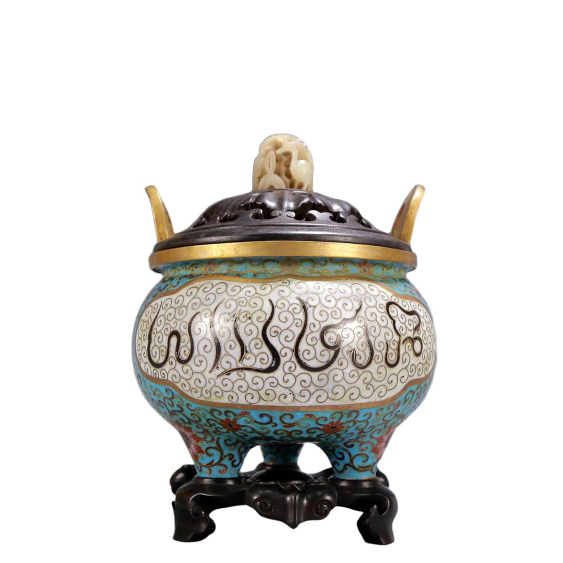 An Archaic Cloisonne Lotus Pattern Double-Ears and Tripod Censer,with Arabic,with Zitanwood Inlaid: An Archaic Cloisonne Lotus Pattern Double-Ears and Tripod Censer,with Arabic,with Zitanwood Inlaid White Jade Cover,Qing Dynasty, China,Qianlong Four-character Mark,Size:5.7inx5.3inx8.3in,Weight:1250g