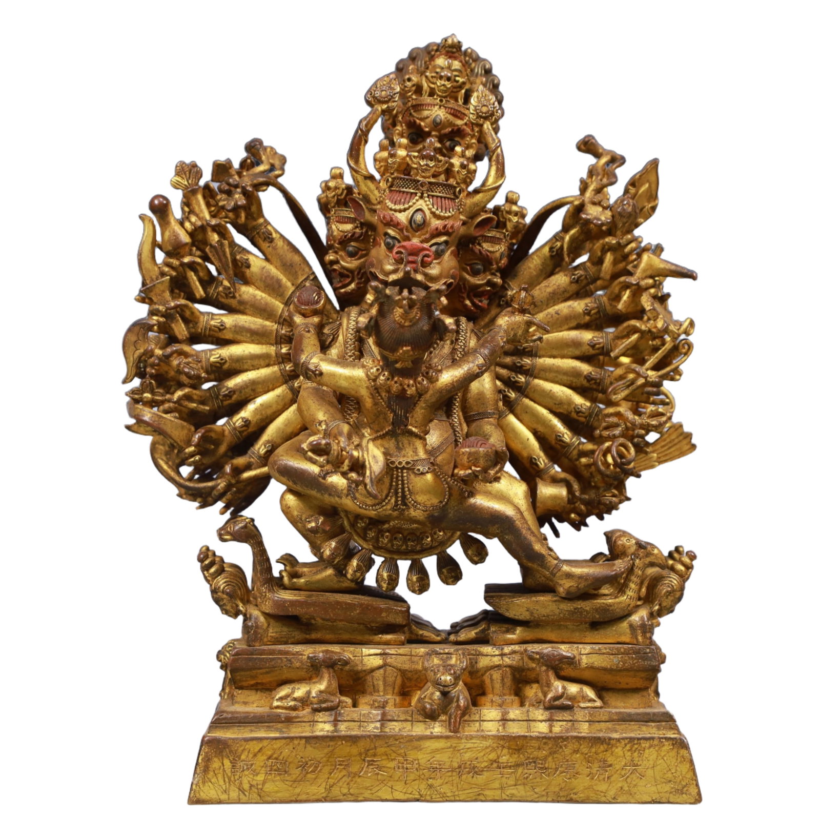 A Solemn Gilt Bronze Statue of Yamantaka: A Solemn Gilt Bronze Statue of Yamantaka, Qing Dynasty, China, Kangxi Mark, Size:7.1inx3.1inx9.3in, Weight:3750g 铜鎏金大威德金刚像,中ࢲ