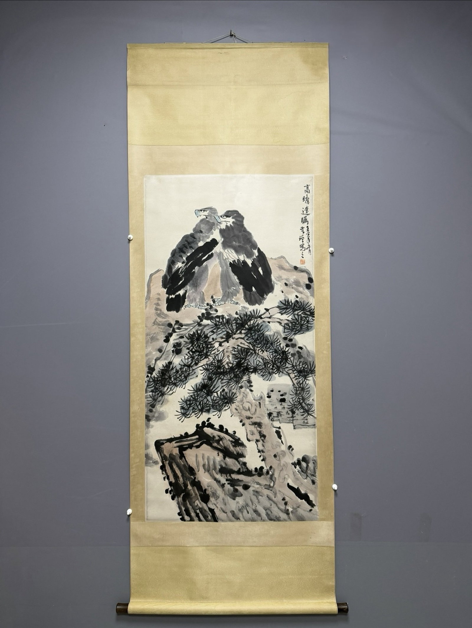 A Chinese Vertical Scroll Ink Painting of Pine and Eagle on Paper: A Chinese Vertical Scroll Ink Painting of Pine and Eagle on Paper,Li Kuchan,Size:54.3inx26.8in 一幅中国水墨松鹰画立轴,李苦