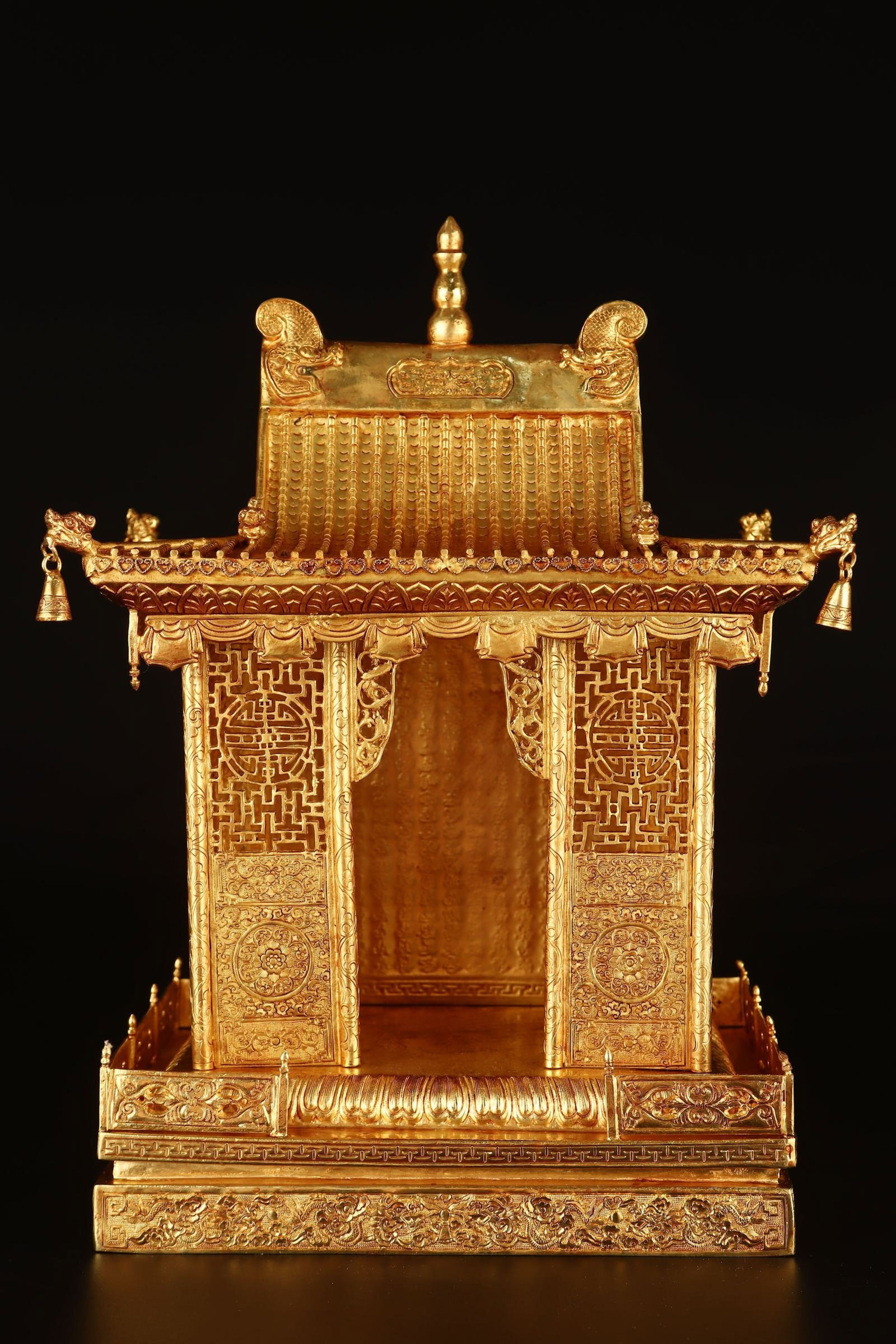 A Rare Gilt Bronze Figure Pattern Pagoda,With Scriptures: A Rare Gilt Bronze Figure Pattern Pagoda,With Scriptures,Qing Dynasty,China,Qianlong Four-character Mark,Size:14.6inx10.2inx7.9in,Weight:4356g 铜鎏金人物纹佛&