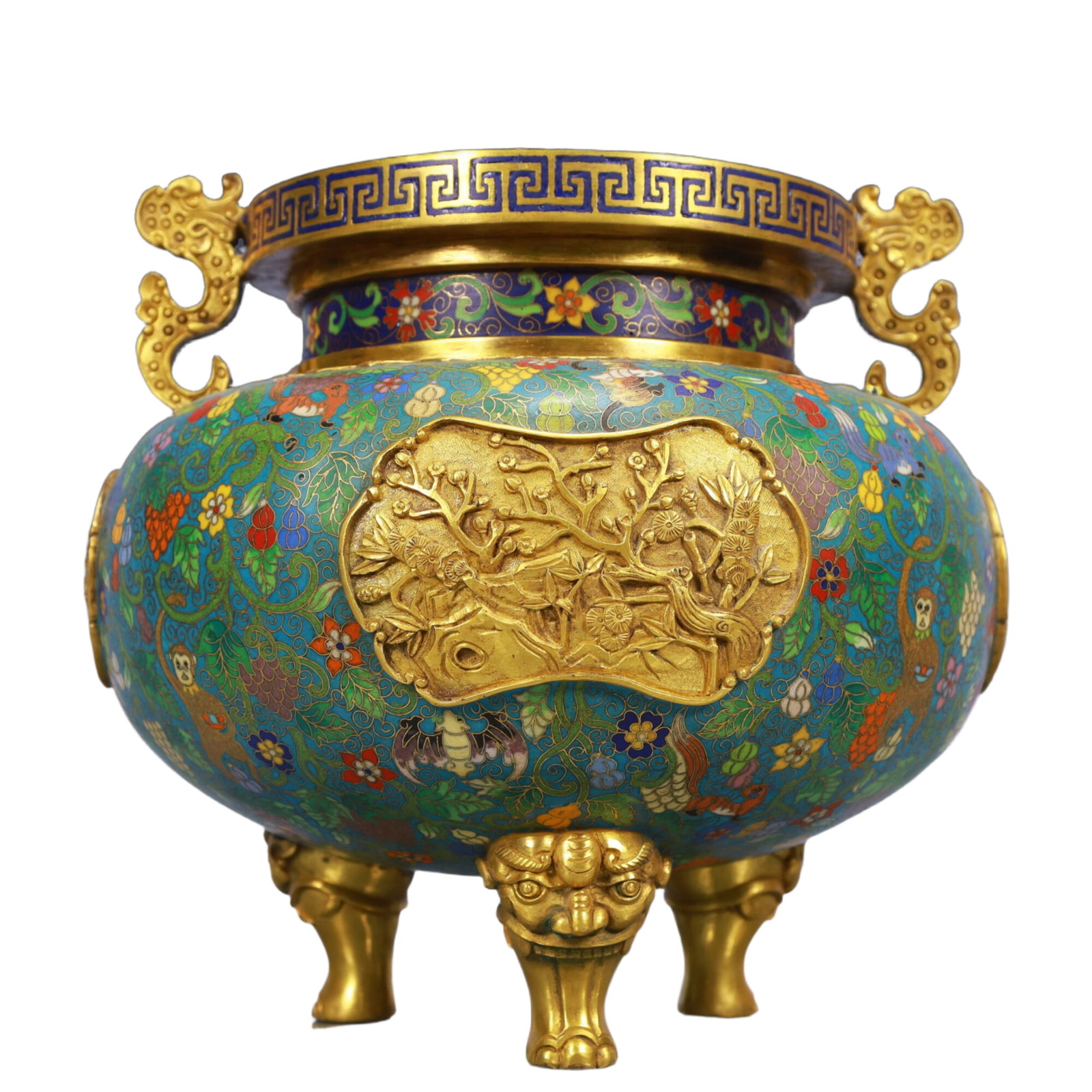 An Exquisite Cloisonne Flower and Animal Pattern Dragon-Ears Tripod Censer: An Exquisite Cloisonne Flower and Animal Pattern Dragon-Ears Tripod Censer, Qing Dynasty, China, Qianlong Four-character Mark, Size:9.8inx9.1in, Weight:8350g 景泰蓝花卉&#