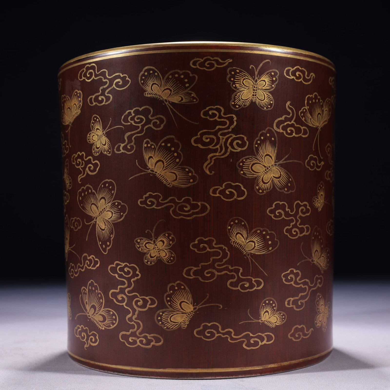 An Exquisite Imitation Wood Grain Glazed Painted Gold Butterfly Pattern Brush Pot (1 of 7)