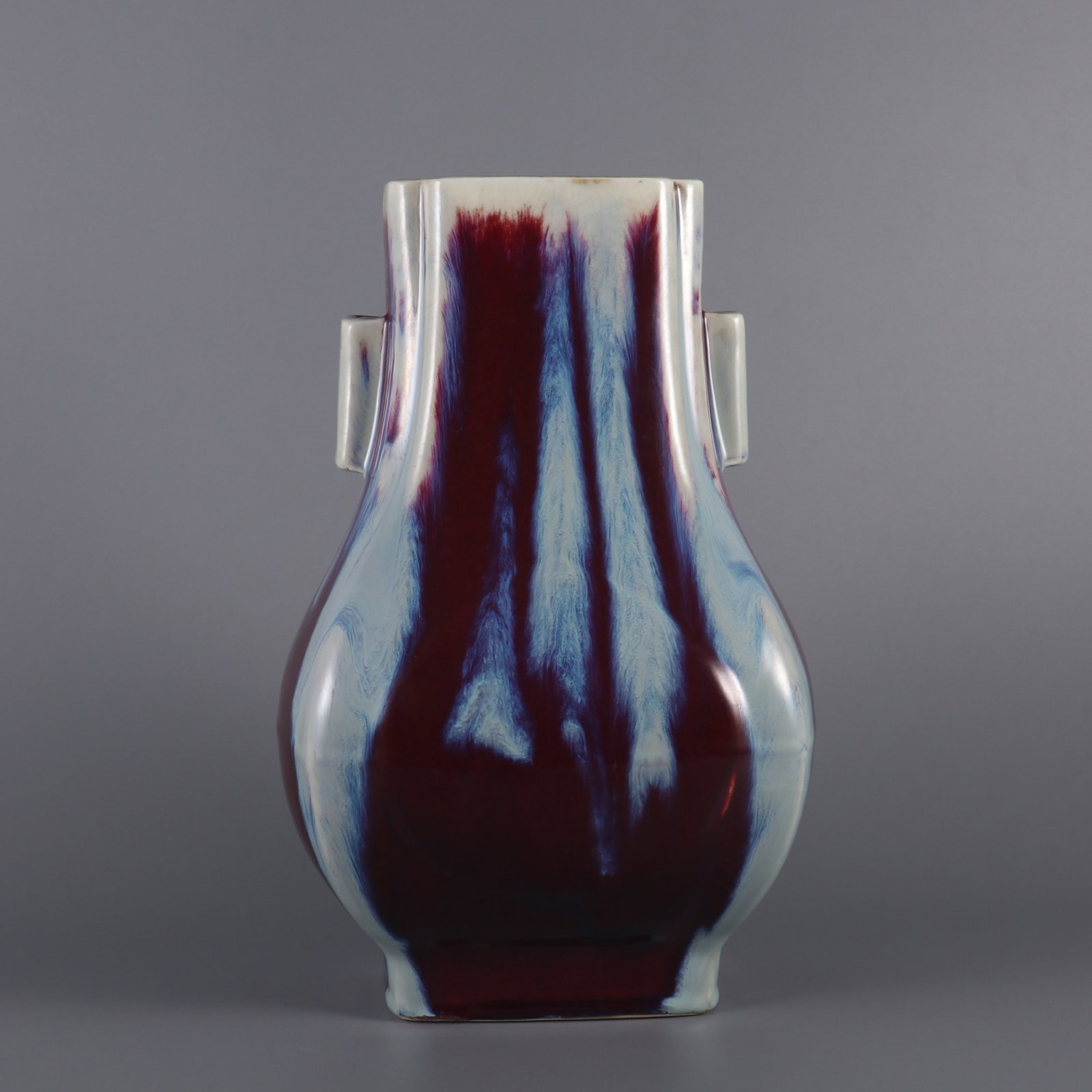 A Rare Flambe Glazed Double-Ears Vase: A Rare Flambe Glazed Double-Ears Vase,Qing Dynasty,China,Tongzhi Six-character Mark,Size:12.1inx7.1in 窑变釉双耳瓶,中国清代,同治