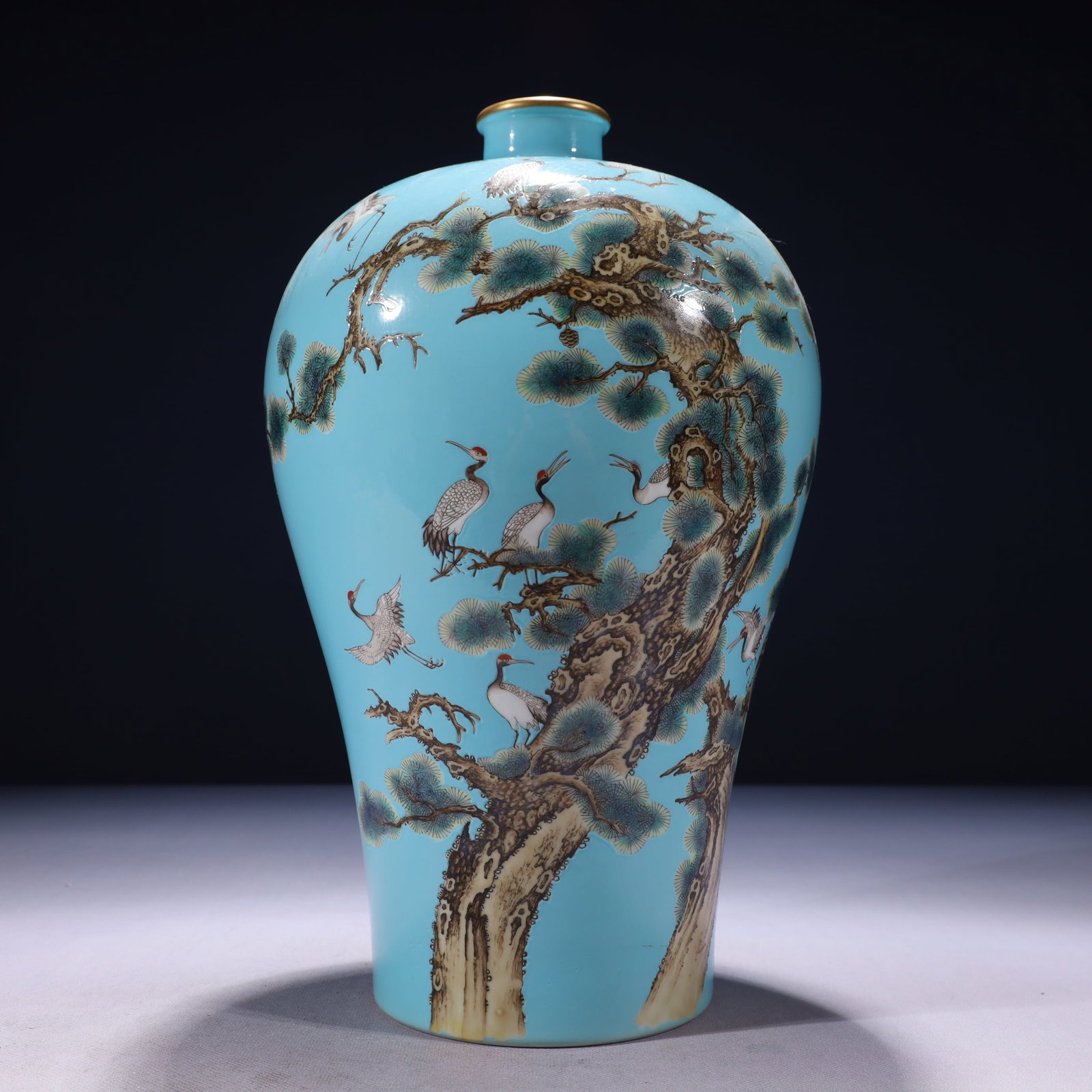 An Exquisite Blue Ground Enamel Painted Gold Pine and Crane Pattern Vase,with poem: An Exquisite Blue Ground Enamel Painted Gold Pine and Crane Pattern Vase,with poem,Qing Dynasty,China,Yongzheng Six-character Mark,Size:7.1inx13.4in,Weight:2600g 蓝地珐琅ঊ