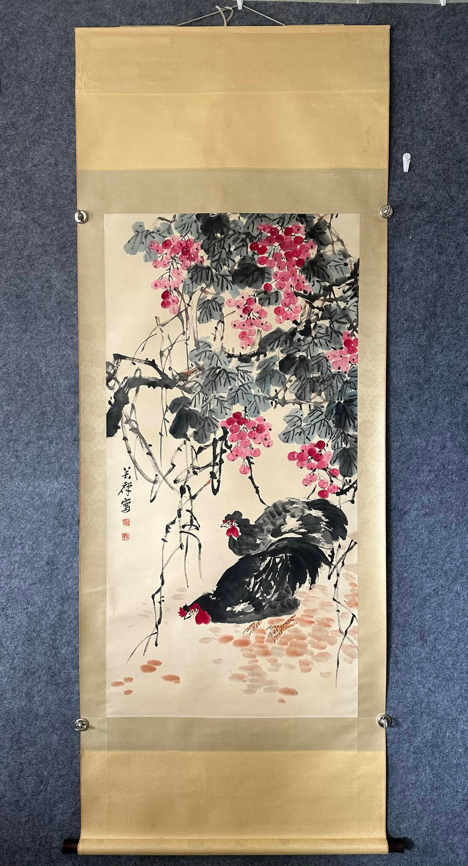 A Chinese Vertical Scroll Ink Painting of Flower and Rooster on Paper: A Chinese Vertical Scroll Ink Painting of Flower and Rooster on Paper,Li Kuchan,Size:26.8inx53.1in 一幅中国水墨花卉鸡画立轴,