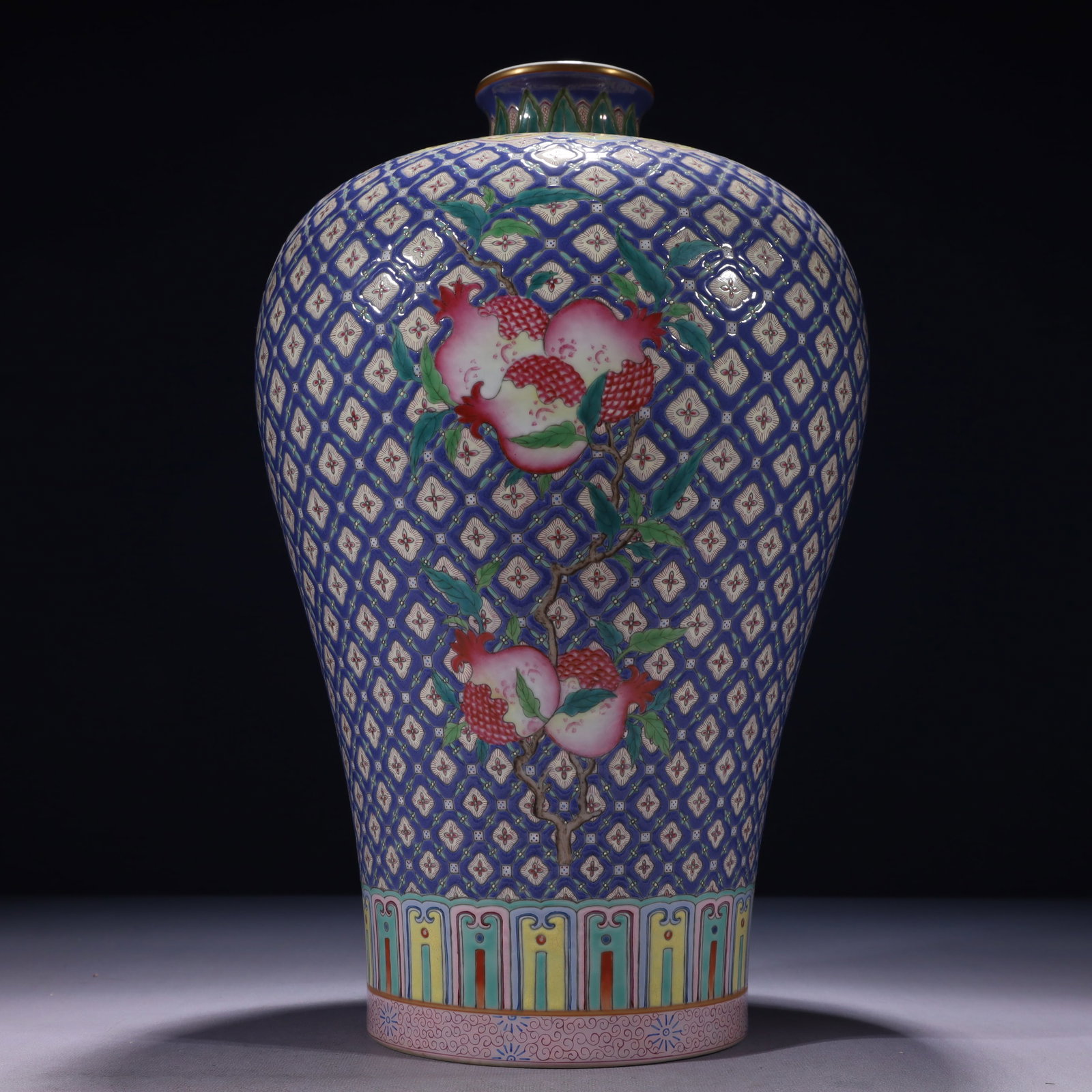 An Exquisite Blue Ground Famille-Rose Painted Gold Pomegranate Pattern Vase: An Exquisite Blue Ground Famille-Rose Painted Gold Pomegranate Pattern Vase,Qing Dynasty,China,Yongzheng Six-character Mark,Size:8.7inx15in,Weight:3900g 蓝地粉彩描金
