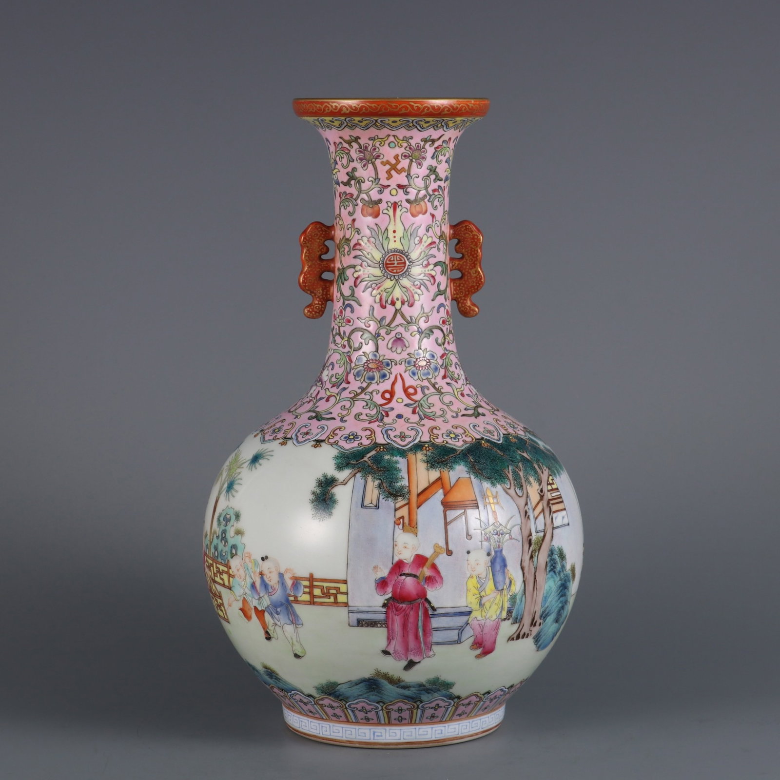 An Exquisite Famille-Rose Painted Gold Character and Story Pattern Double-Ears Vase: An Exquisite Famille-Rose Painted Gold Character and Story Pattern Double-Ears Vase,Qing Dynasty,China,Jiaqing Six-character Mark,Size:10.3inx6.1in 粉彩描金人物