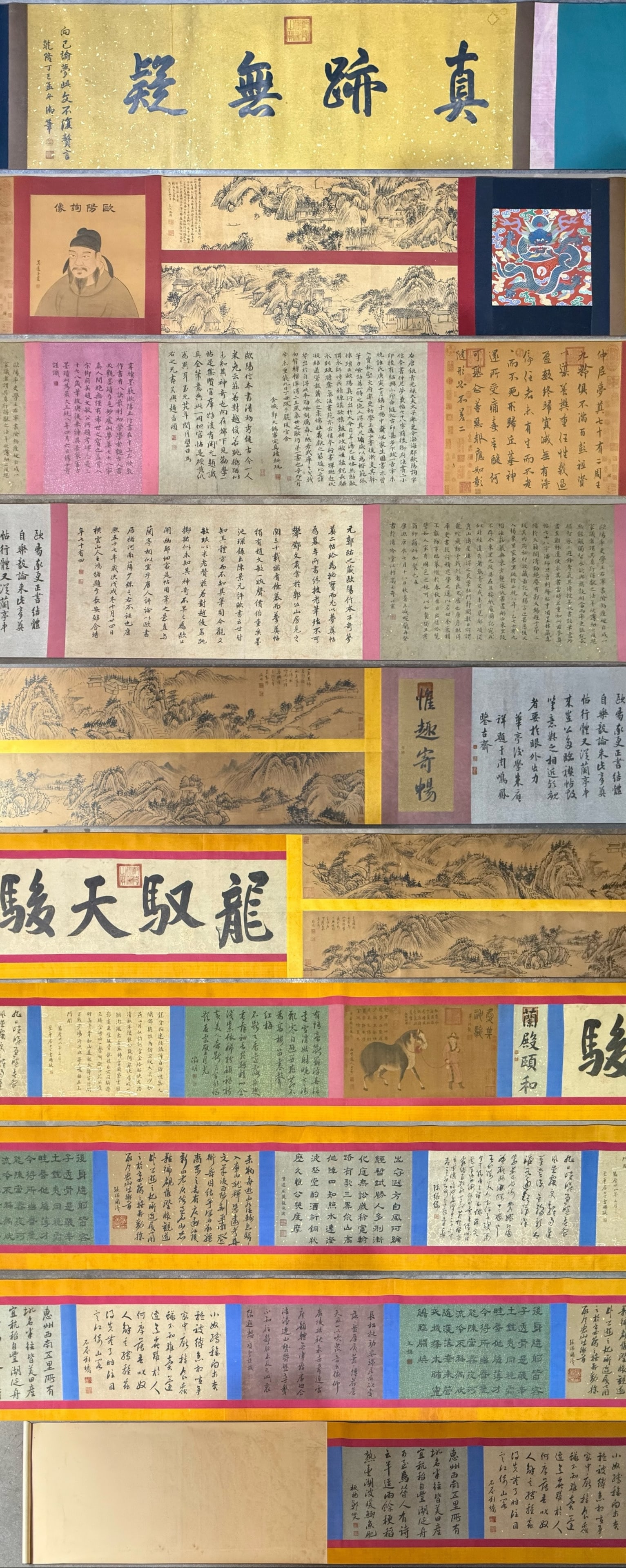 A Chinese Hand Scroll Ink Calligraphy on Silk: A Chinese Hand Scroll Ink Calligraphy on Silk,Ouyang Xun,Size:944.9inx25.2in 一幅中国水墨绢本书法手卷,欧阳询