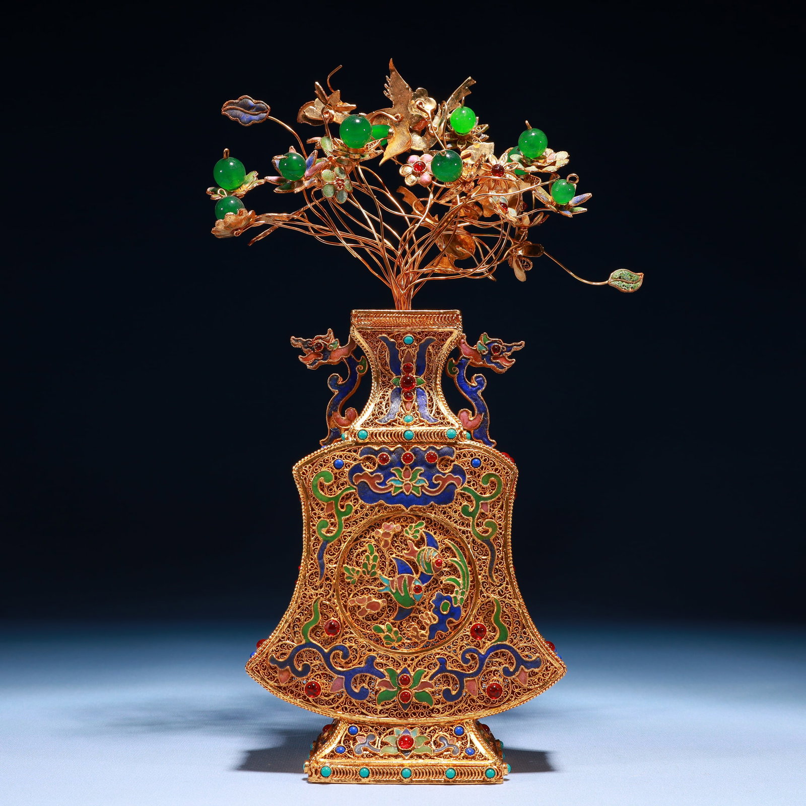 An Exquisite Filigree and Gilding Lotus Pattern Double-Ears Flower Vase,Inlaid Gems: An Exquisite Filigree and Gilding Lotus Pattern Double-Ears Flower Vase,Inlaid Gems,Qing Dynasty,China,Qianlong Four-character Mark,Size:5.1inx2inx11.8in,Weight:700g 掐丝鎏金&#