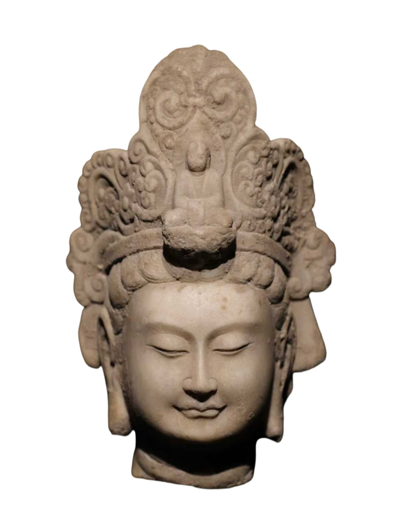 A Solemn Marble Avalokitesvara-Head Ornament: A Solemn Marble Avalokitesvara-Head Ornament,Tang Dynasty,China,Size:11.8in 汉白玉观音头像摆件,中国唐代