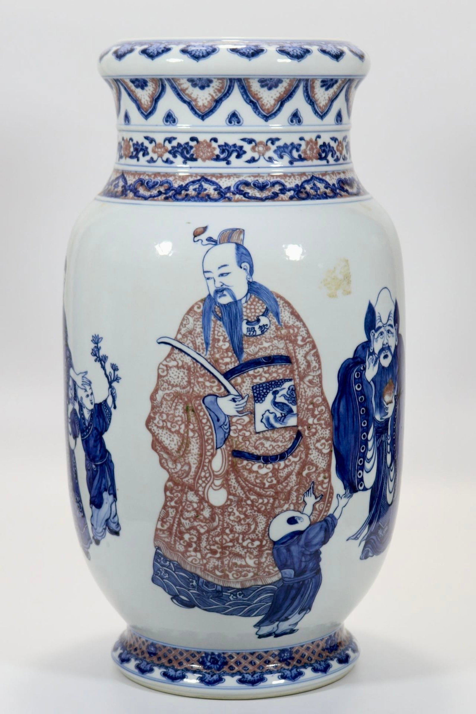 A fine blue and white underglaze red large lantern vase with three star gods (Fu Lu Shou) pattern: A fine blue and white underglaze red large lantern vase with three star gods (Fu Lu Shou) pattern, Qing Dynasty, China, with six-character Qianlong reign mark, Size:19.9inx7.1in 青花ດ