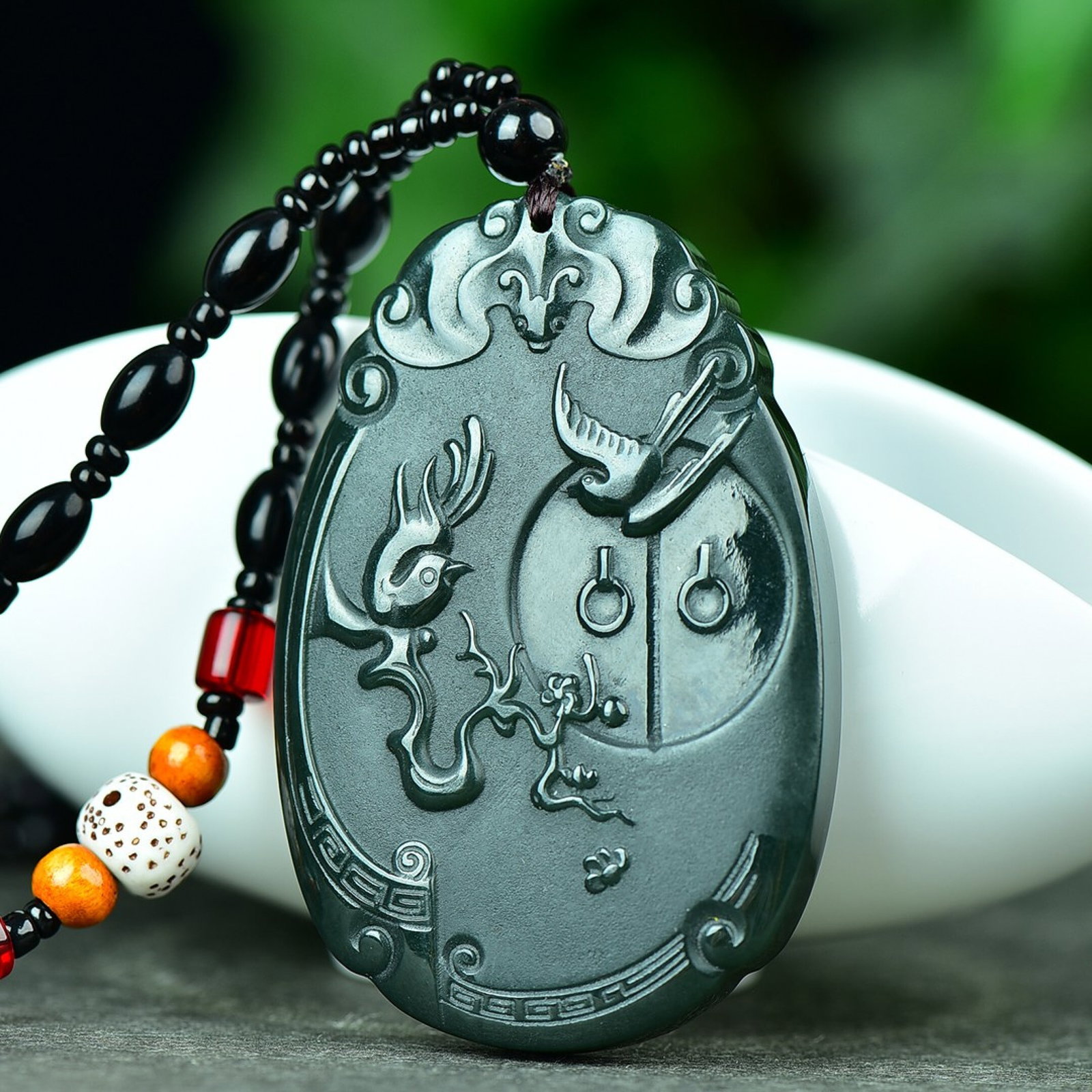 An Exquisite Jasper Bats and Peach Pattern Pendant: An Exquisite Jasper Bats and Peach Pattern Pendant,Size:41mmx62mm 碧玉福寿纹挂件
