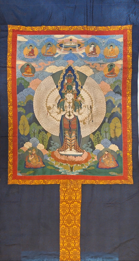 A Precious Brocade Thousand-hand Guanyin Tangka: A Precious Brocade Thousand-hand Guanyin Tangka,Qing Dynasty, China,Size:99.6inx51.2in 清代 云锦千手观音唐卡