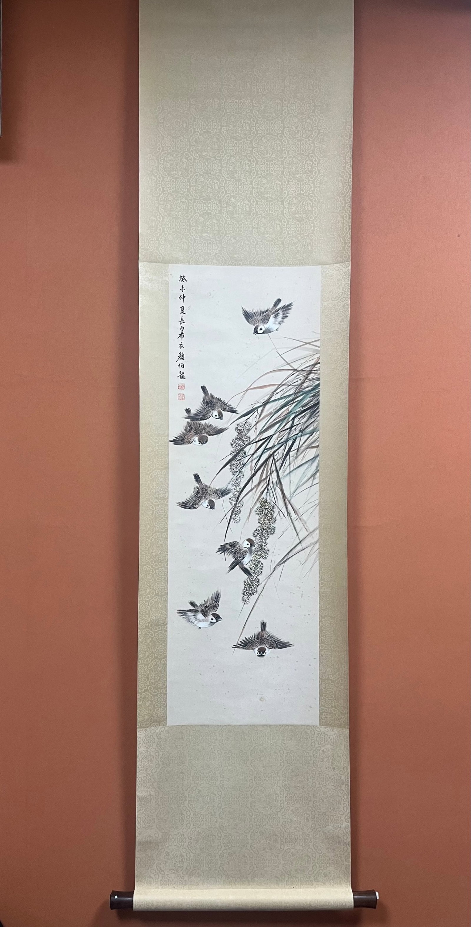 A Chinese Vertical Scroll Ink Painting of Flower and Bird on Paper: A Chinese Vertical Scroll Ink Painting of Flower and Bird on Paper,Yan Bailong,Size:38.6inx12.6in 一幅中国水墨花鸟画立轴,颜Ê