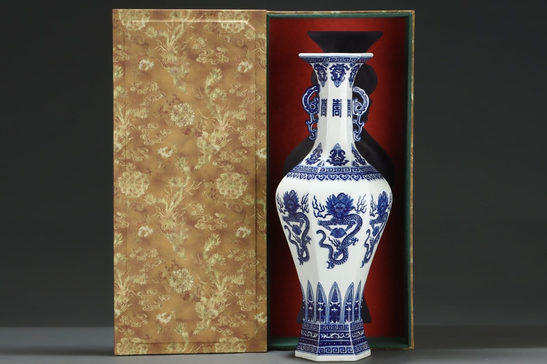 A Huge Hexagonal Vase With Double Chilong Dragon Ears, Underglaze Blue: A Huge Hexagonal Vase With Double Chilong Dragon Ears, Underglaze Blue,Qing Dynasty, China,Qianlong Six-character Mark,Size:23.5inx9.4in 青花六方双螭龙耳